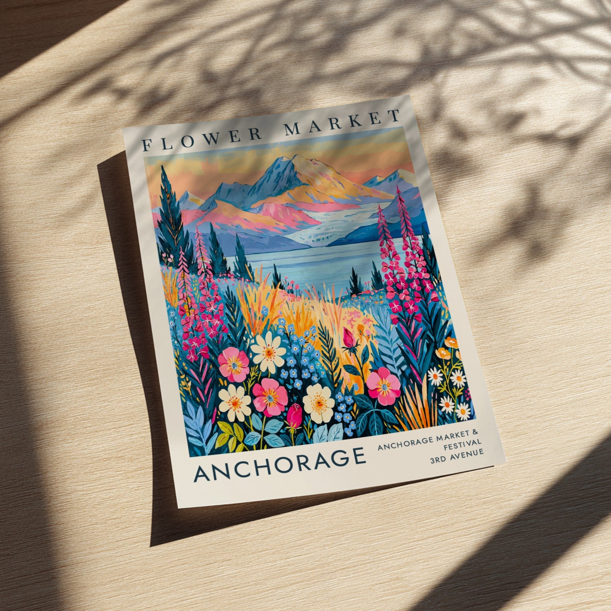 Flower market poster featuring vibrant wildflowers and mountains in Anchorage style