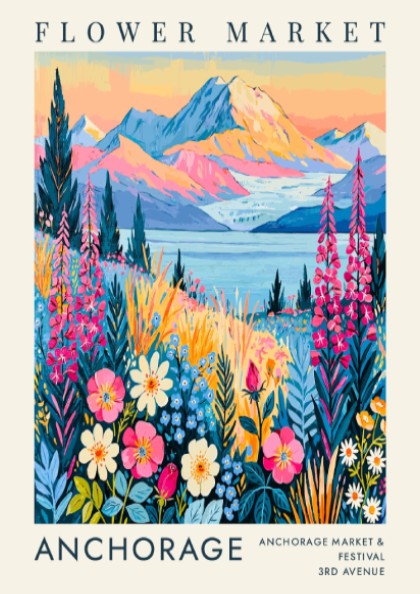 Flower market poster featuring vibrant wildflowers and mountains in Anchorage style
