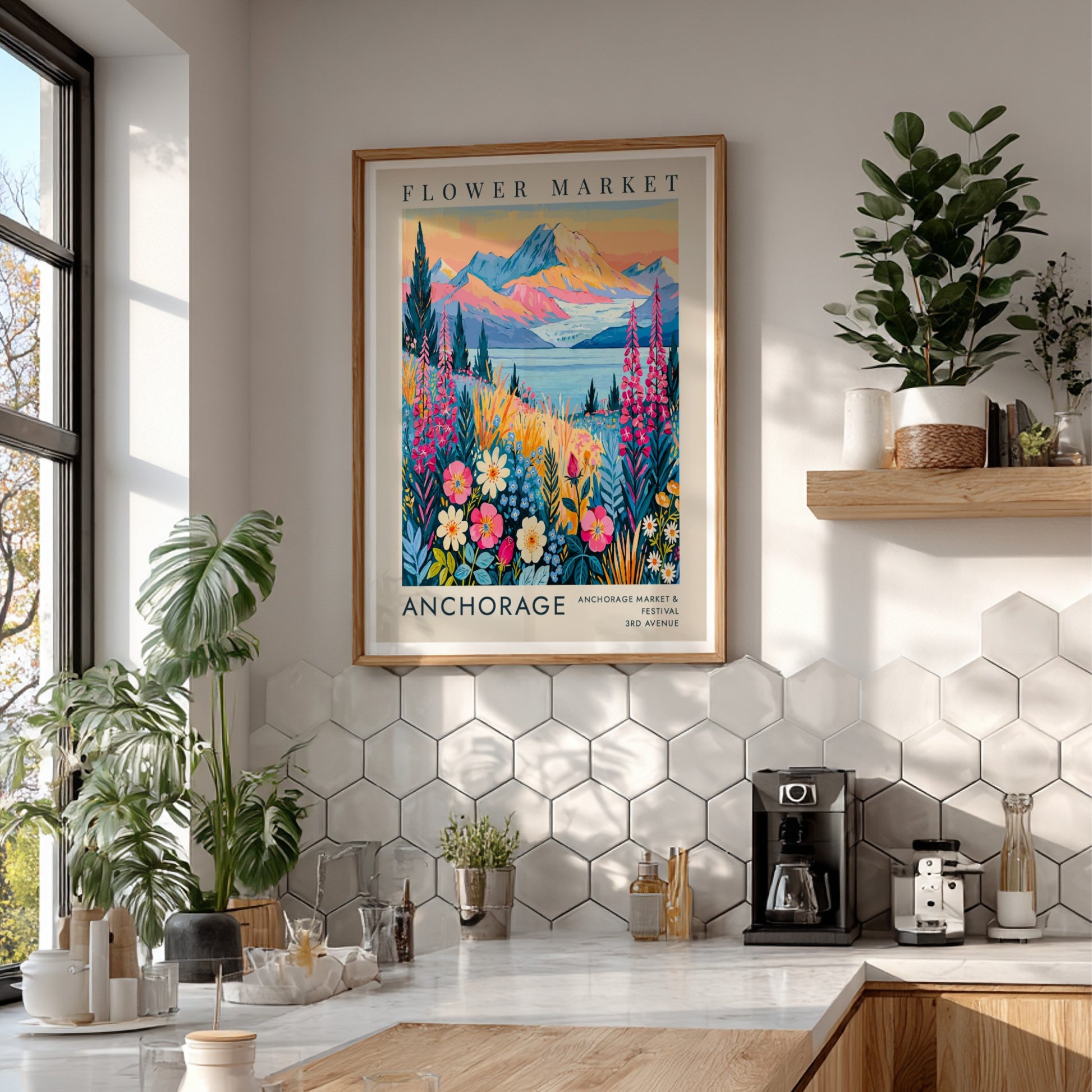 Flower market poster featuring vibrant wildflowers and mountains in Anchorage style