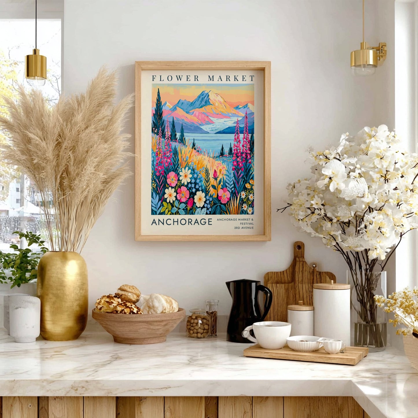 Flower market poster featuring vibrant wildflowers and mountains in Anchorage style