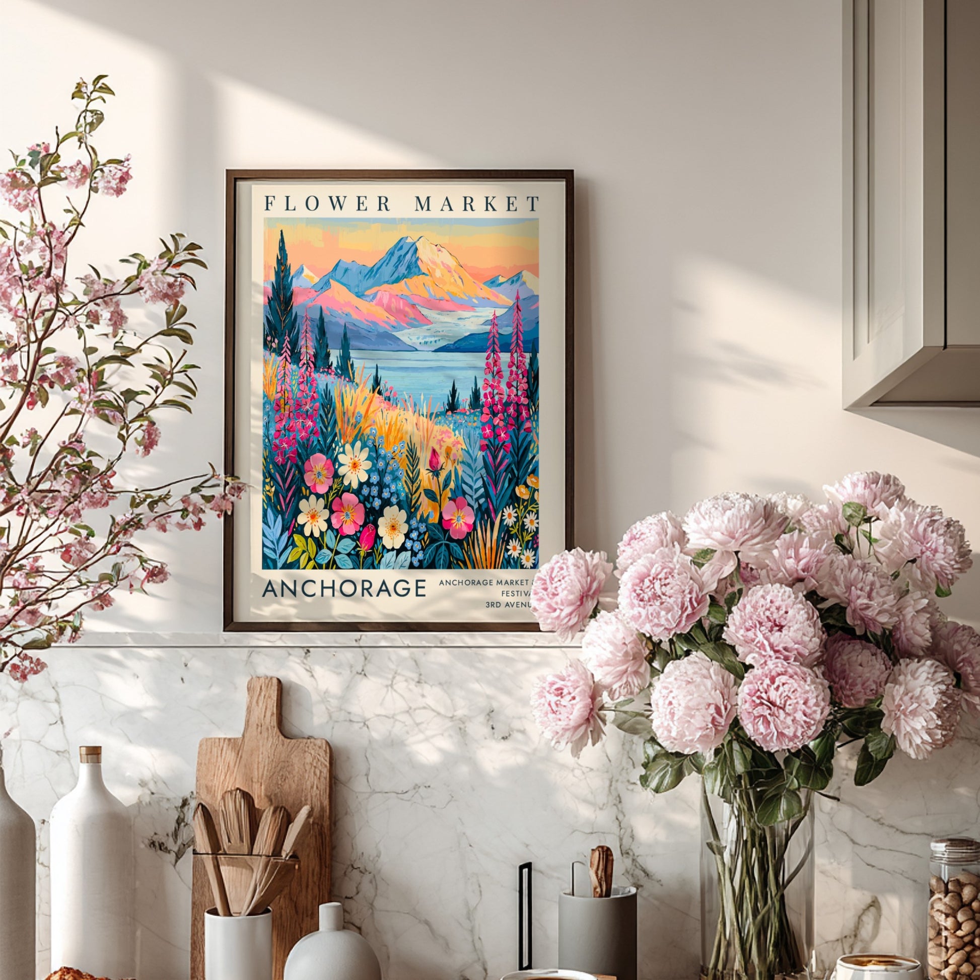 Flower market poster featuring vibrant wildflowers and mountains in Anchorage style