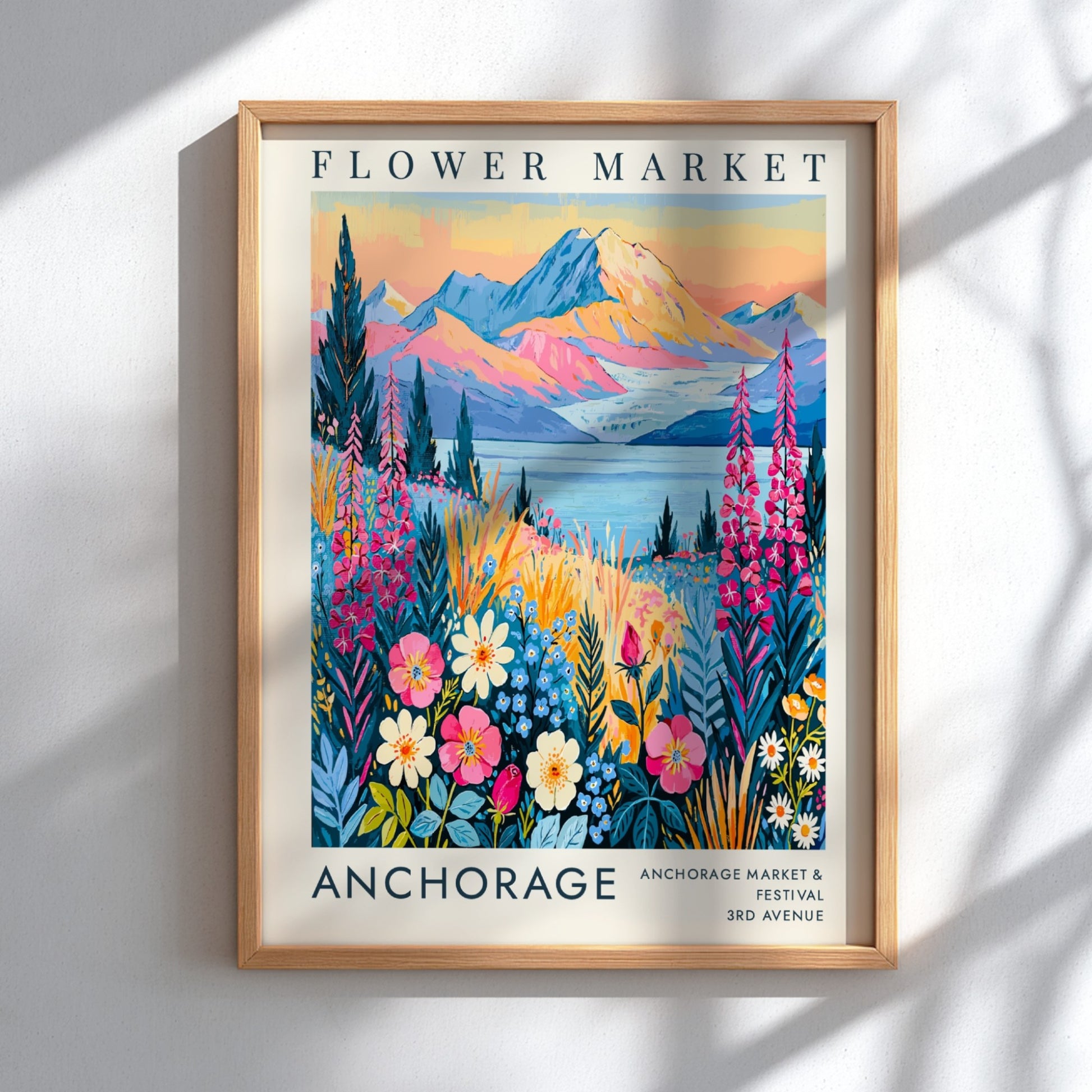Flower market poster featuring vibrant wildflowers and mountains in Anchorage style
