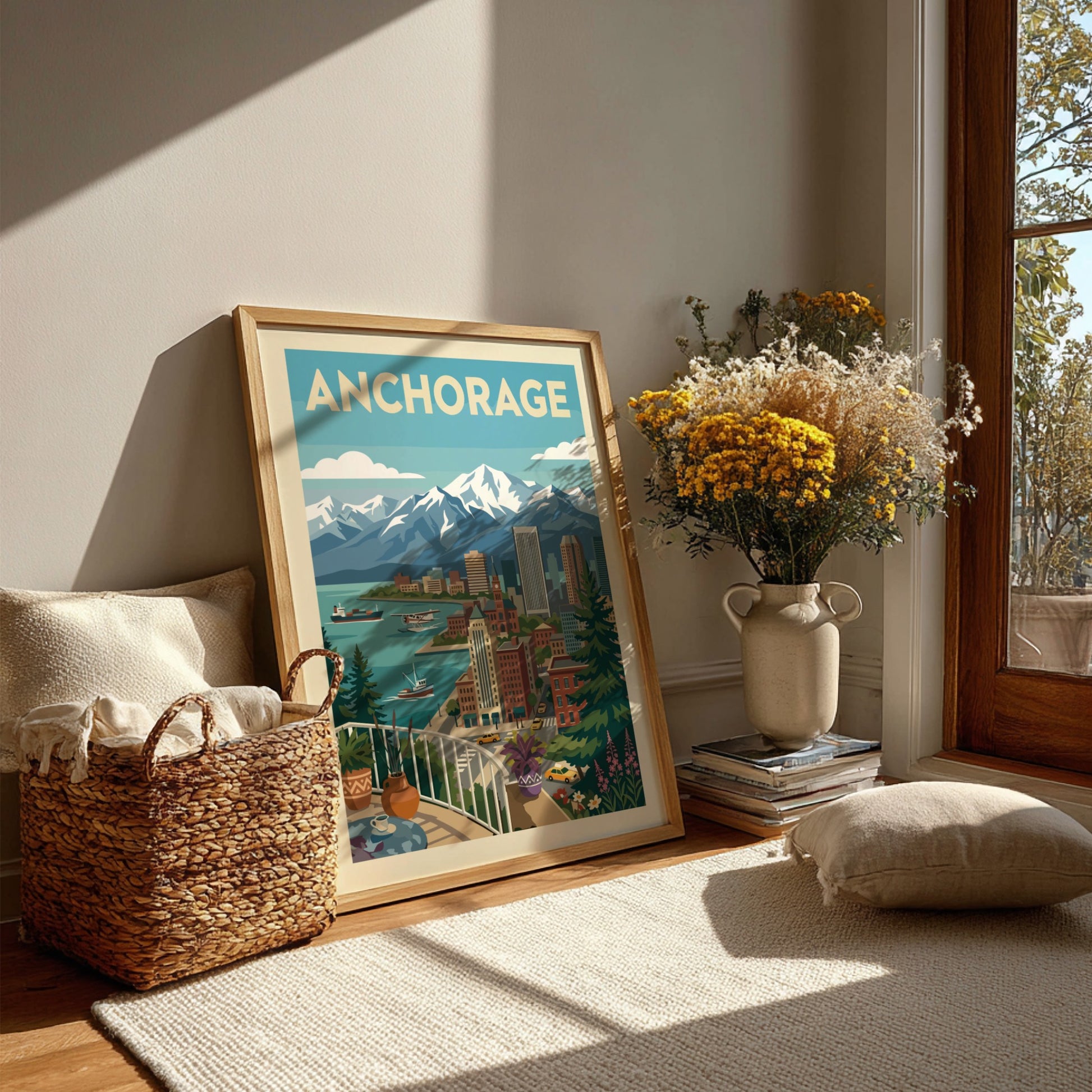 Stylized illustration of Anchorage skyline with mountains, cityscape, and harbor. Cityscape wall art.