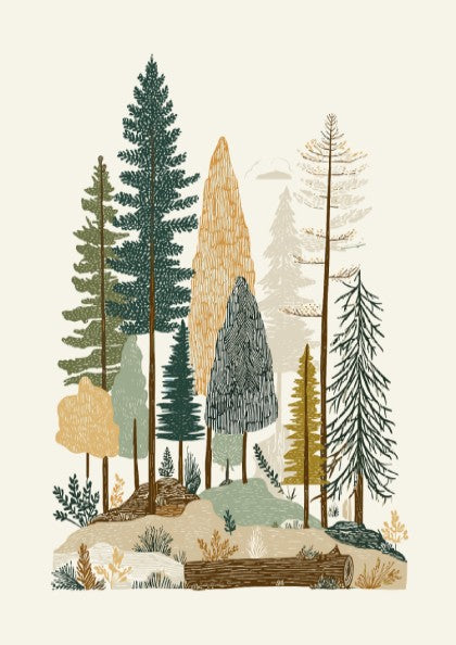 Textured forest landscape print with various trees in green, brown, and ochre tones.