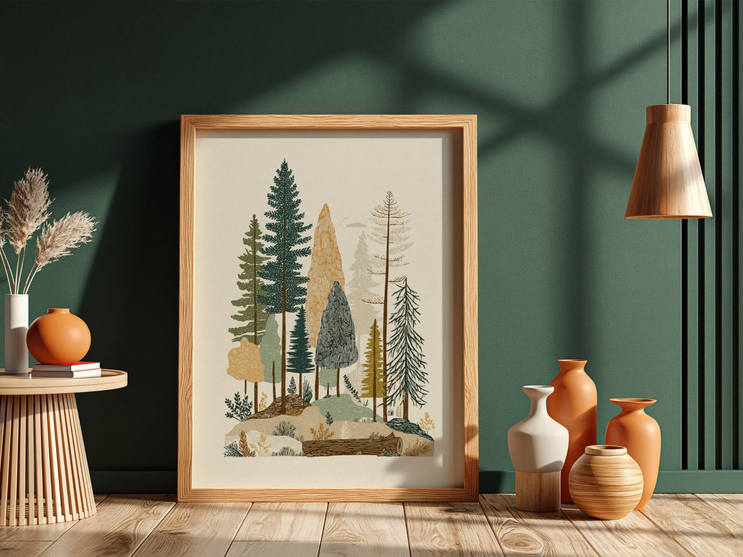 Textured forest landscape print with various trees in green, brown, and ochre tones.