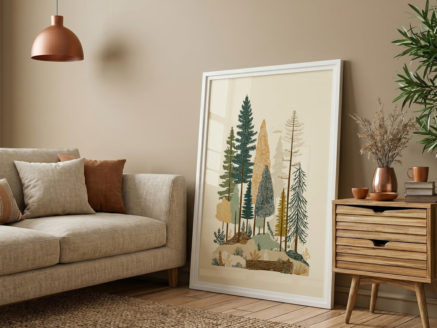 Textured forest landscape print with various trees in green, brown, and ochre tones.