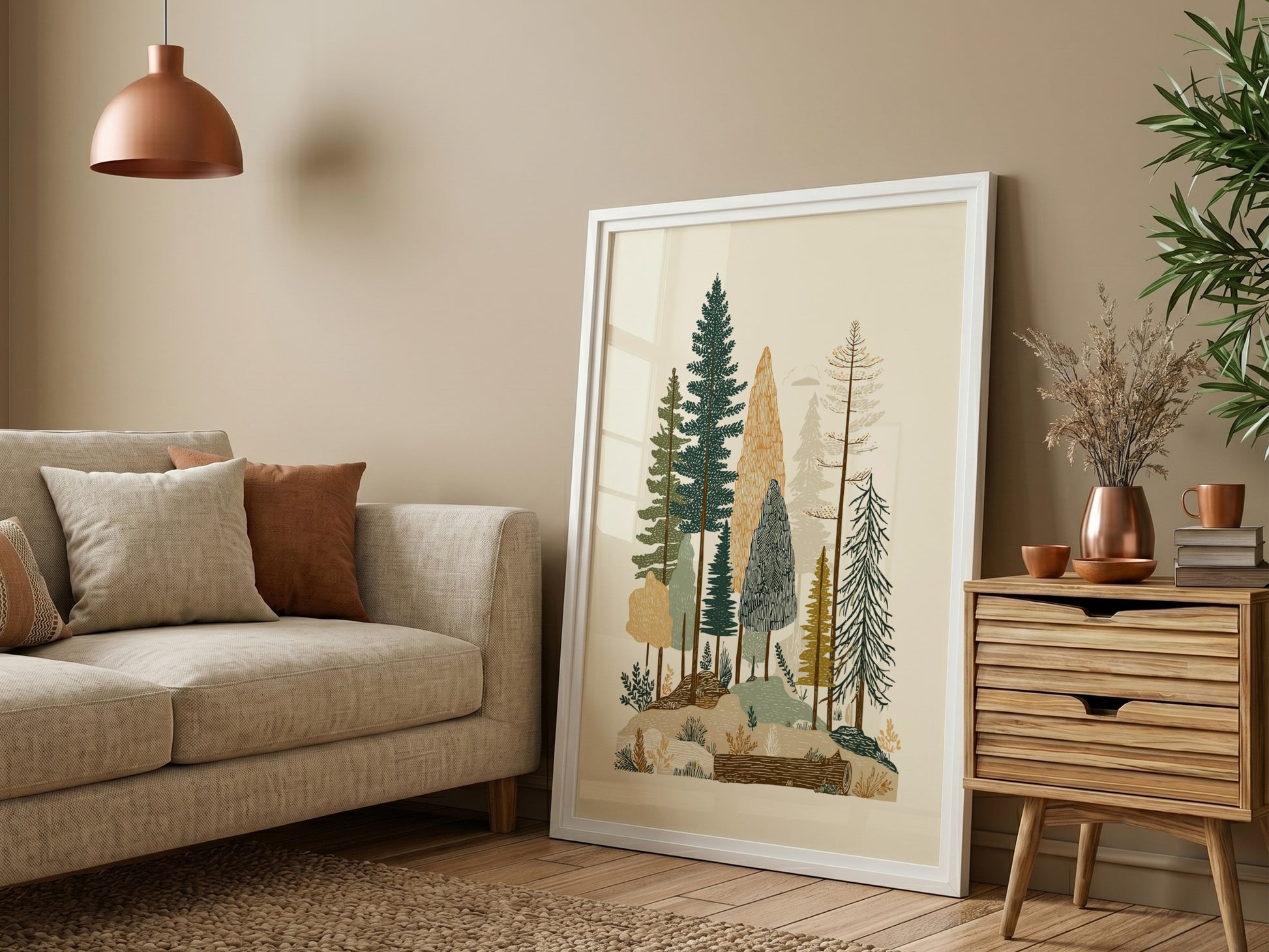 Textured forest landscape print with various trees in green, brown, and ochre tones.