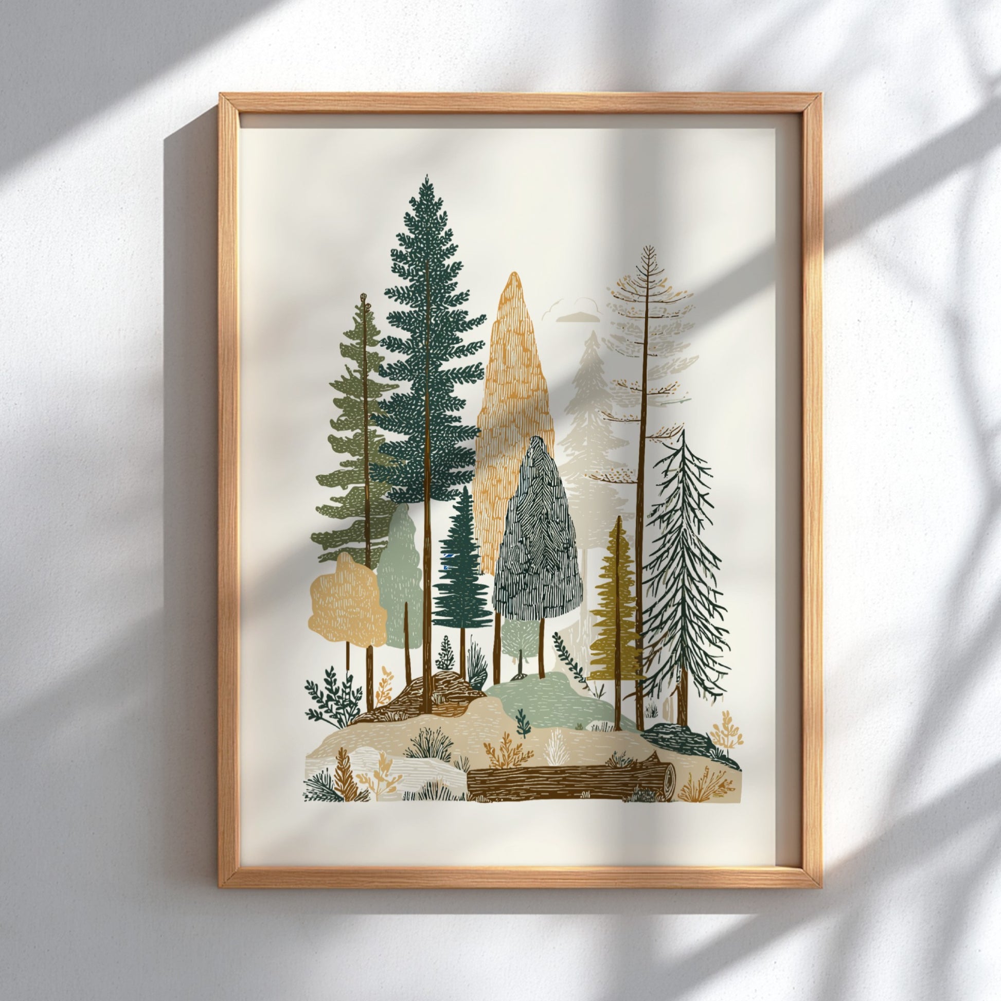 Textured forest landscape print with various trees in green, brown, and ochre tones.