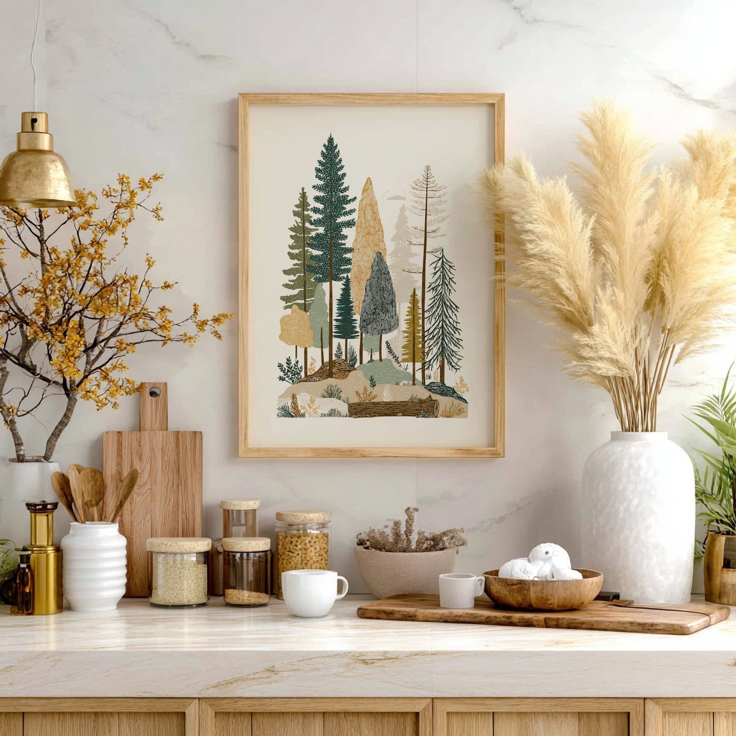 Textured forest landscape print with various trees in green, brown, and ochre tones.