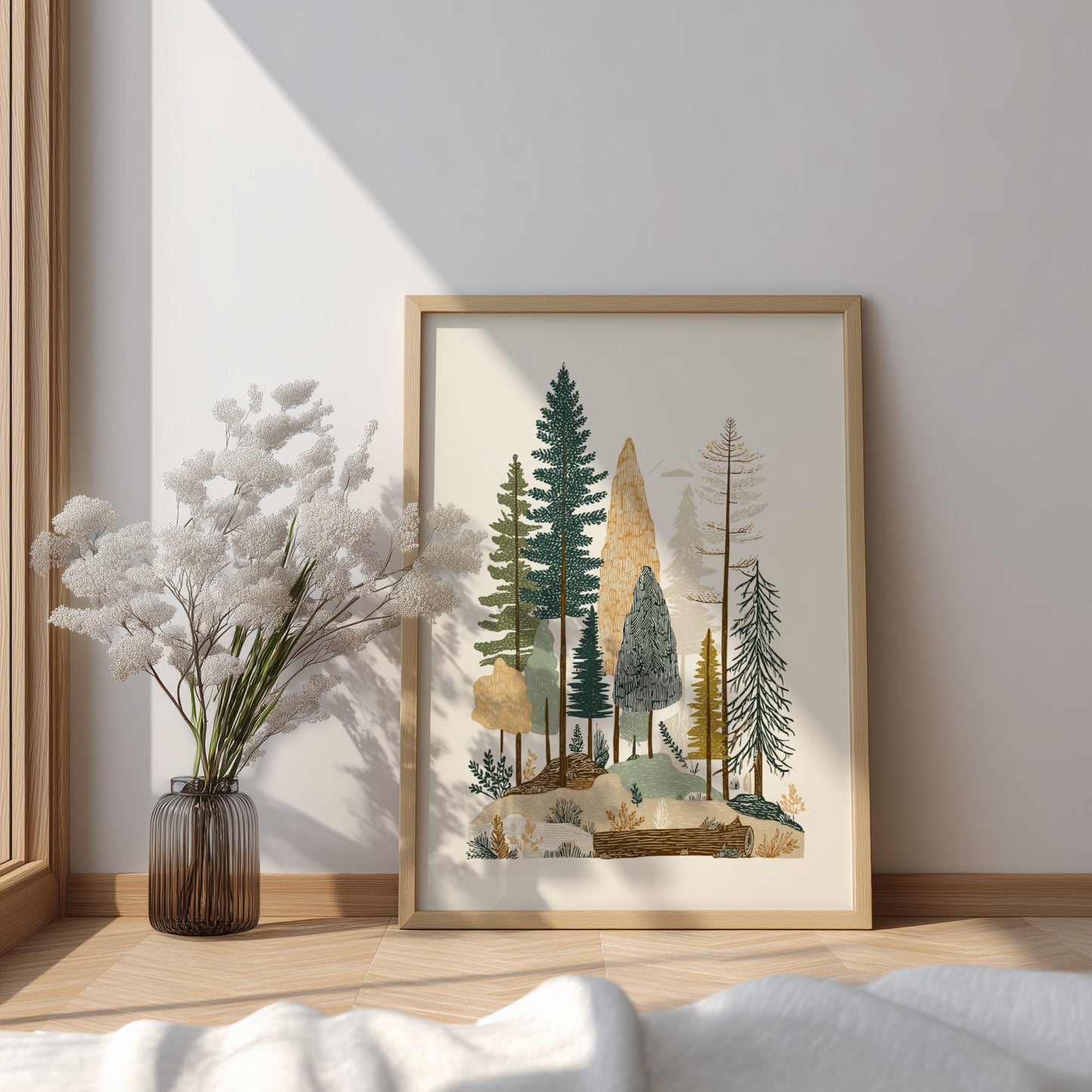 Textured forest landscape print with various trees in green, brown, and ochre tones.