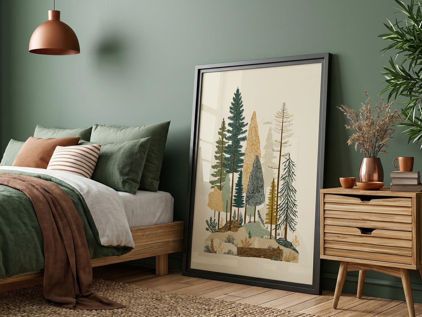 Textured forest landscape print with various trees in green, brown, and ochre tones.