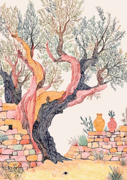 Illustration poster of an ancient olive tree with a textured trunk and stone wall, Mediterranean style.