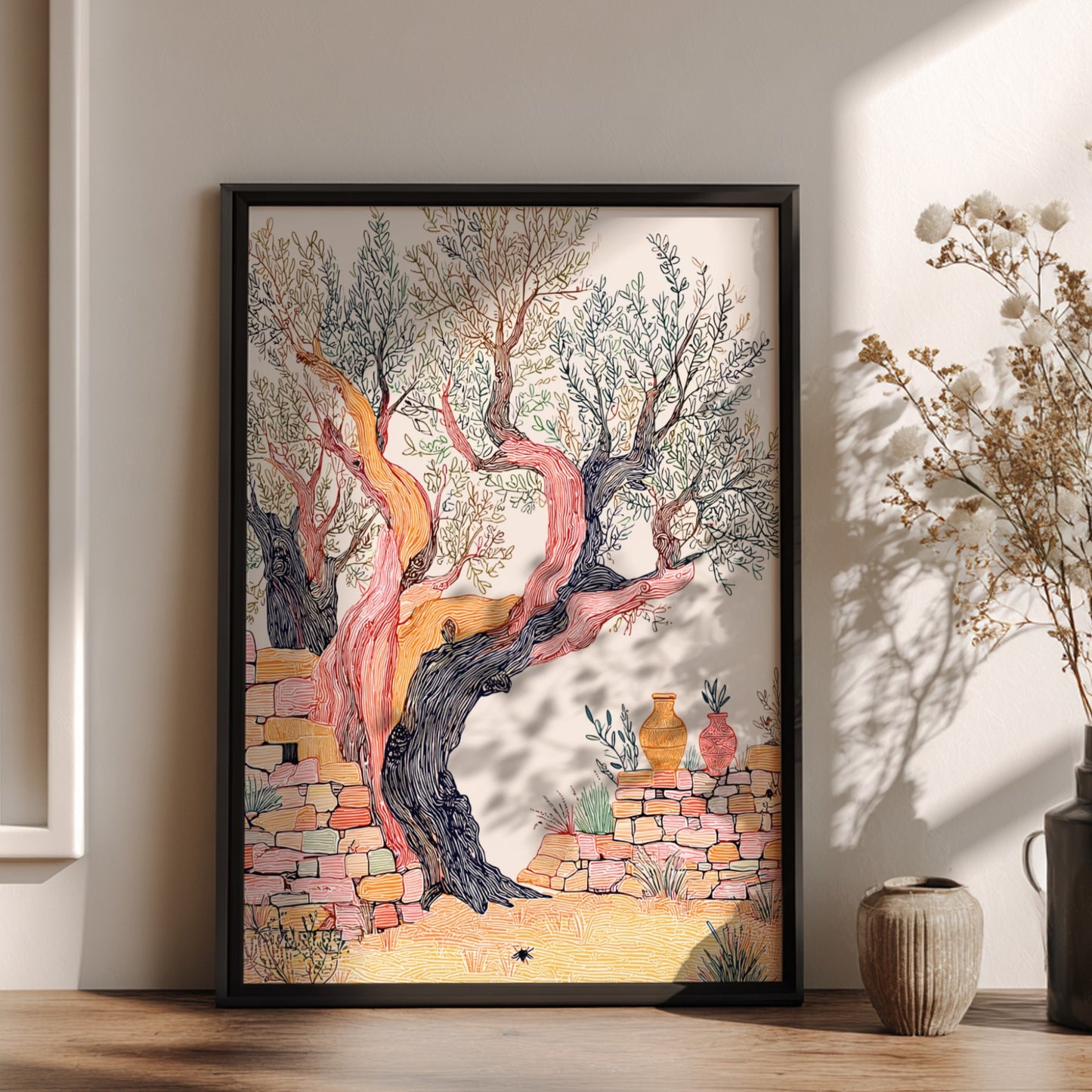 Illustration poster of an ancient olive tree with a textured trunk and stone wall, Mediterranean style.