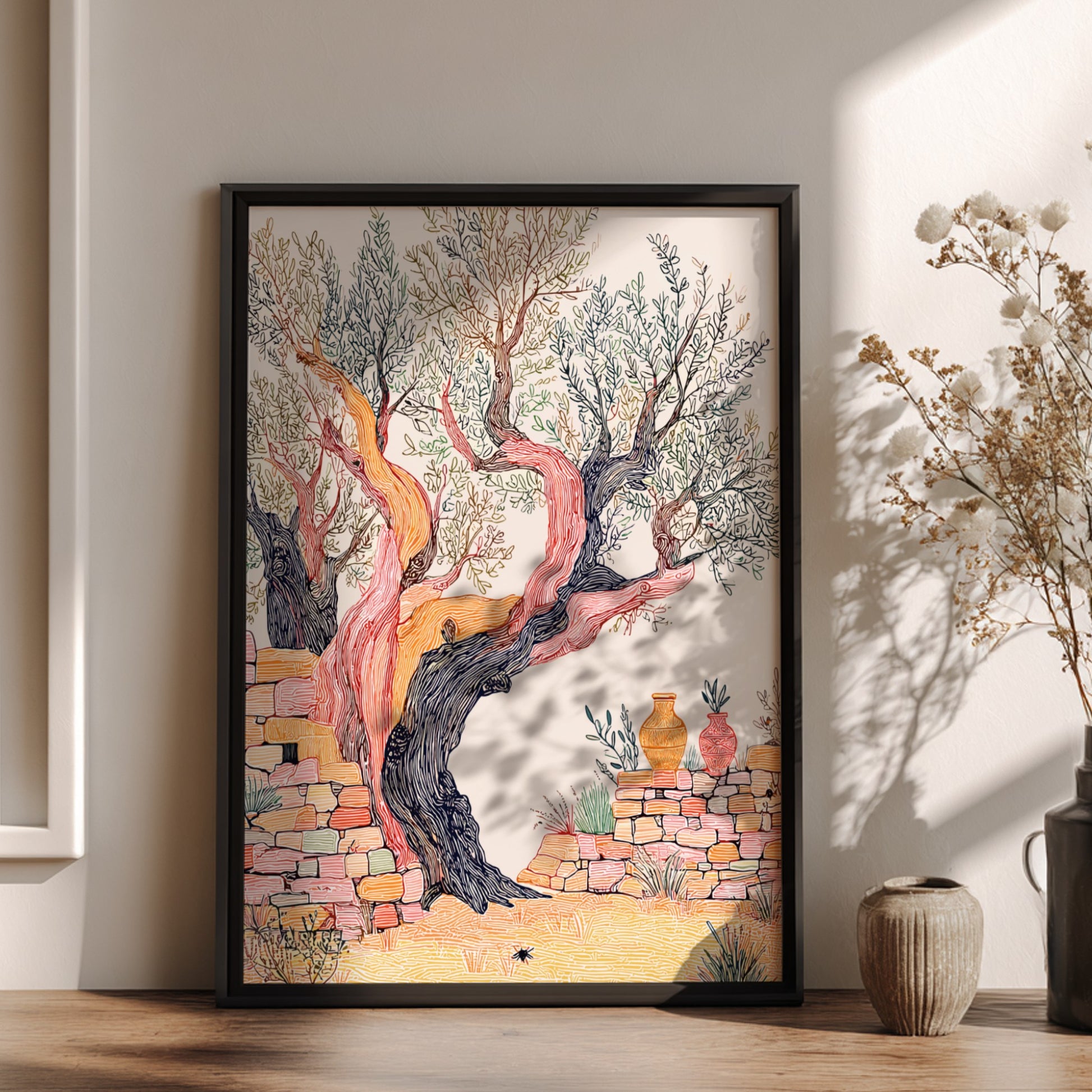 Illustration poster of an ancient olive tree with a textured trunk and stone wall, Mediterranean style.