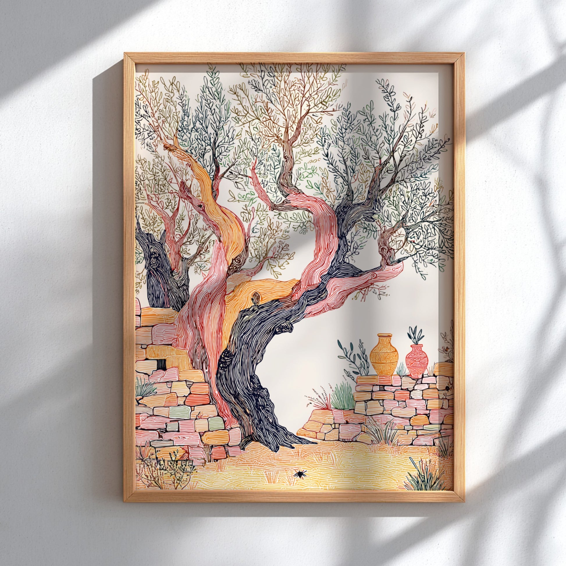 Illustration poster of an ancient olive tree with a textured trunk and stone wall, Mediterranean style.