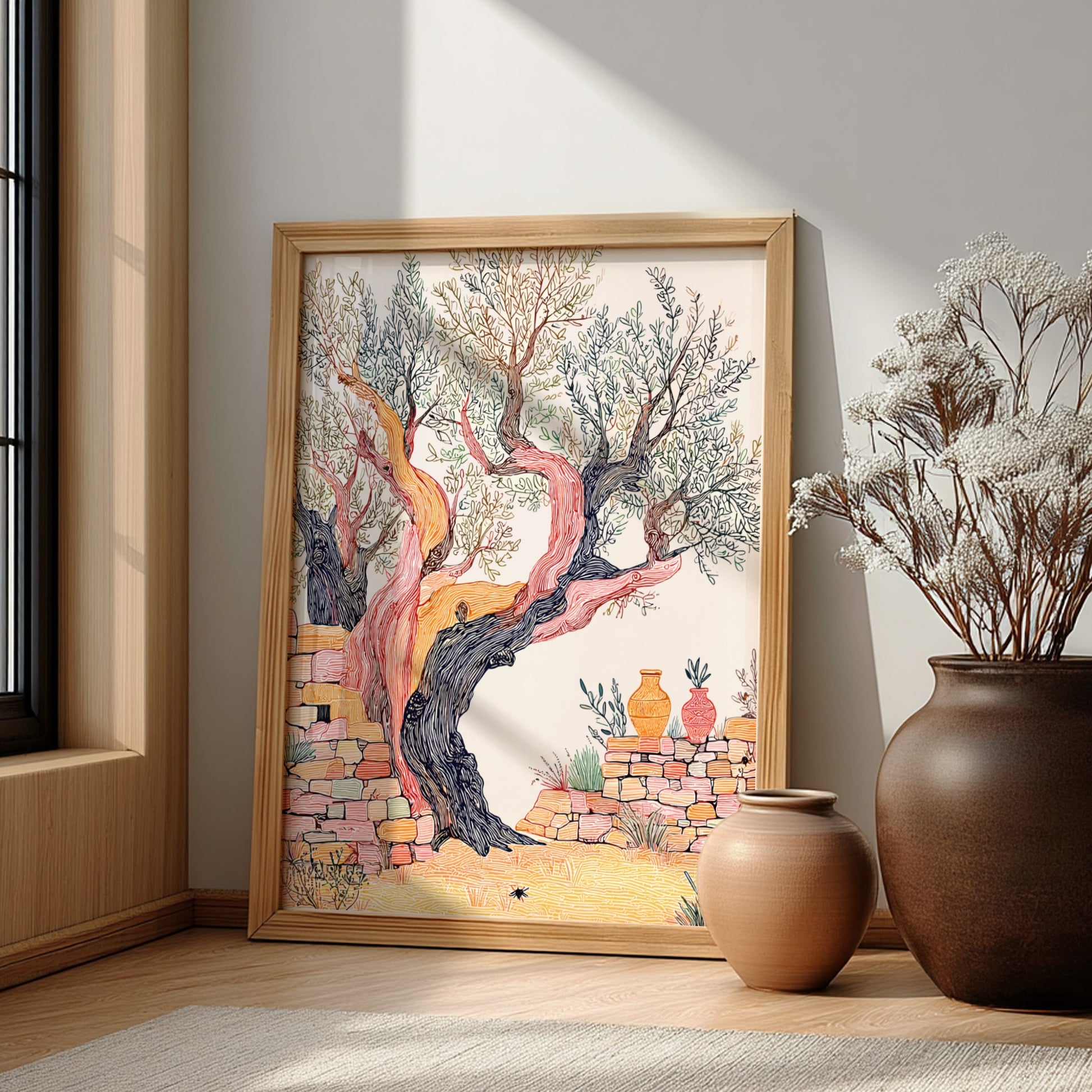 Illustration poster of an ancient olive tree with a textured trunk and stone wall, Mediterranean style.