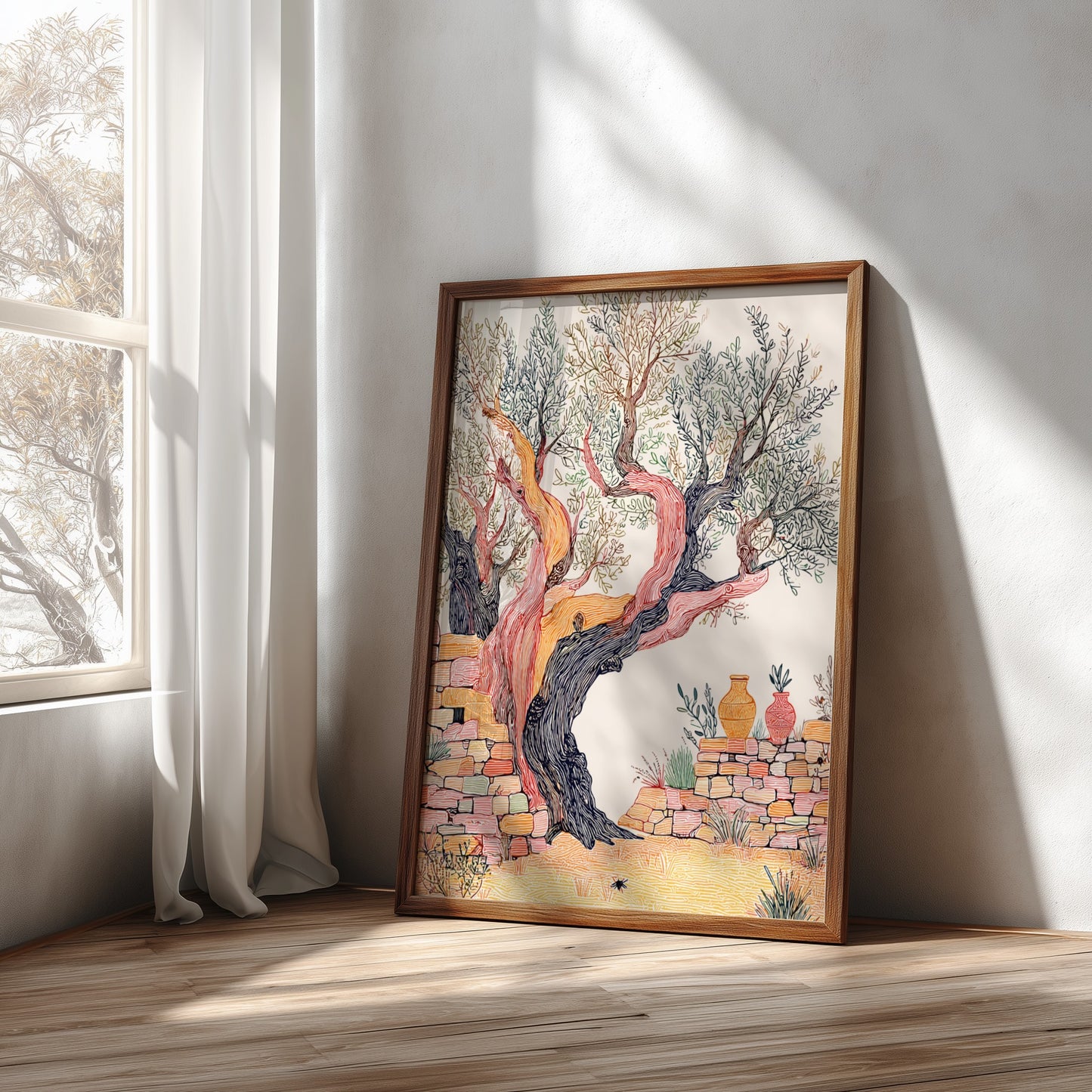 Illustration poster of an ancient olive tree with a textured trunk and stone wall, Mediterranean style.