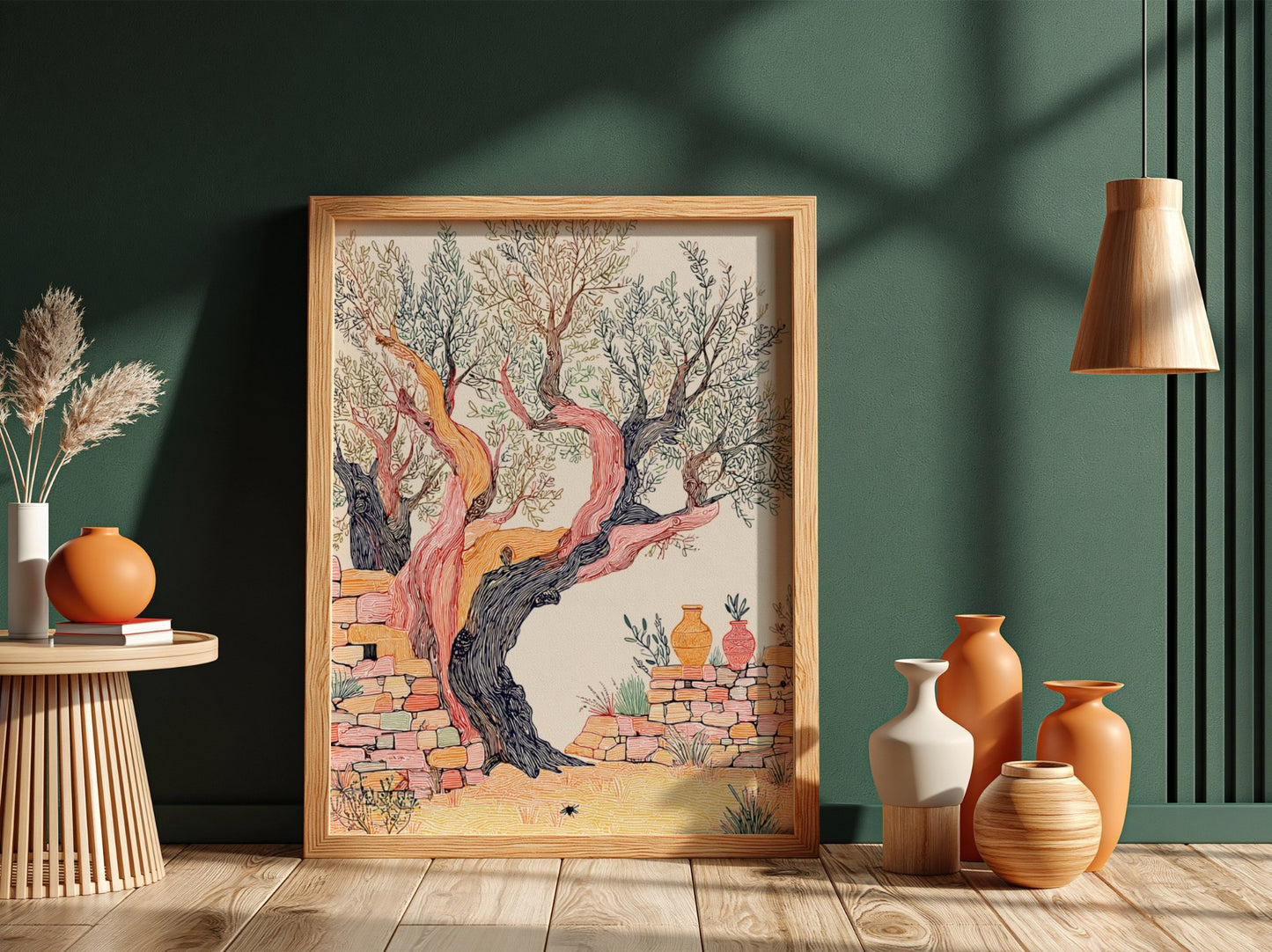 Illustration poster of an ancient olive tree with a textured trunk and stone wall, Mediterranean style.