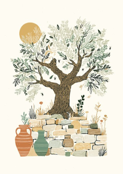 Olive tree art print with Mediterranean theme, botanical illustration, stone wall, and vases in warm earthy
