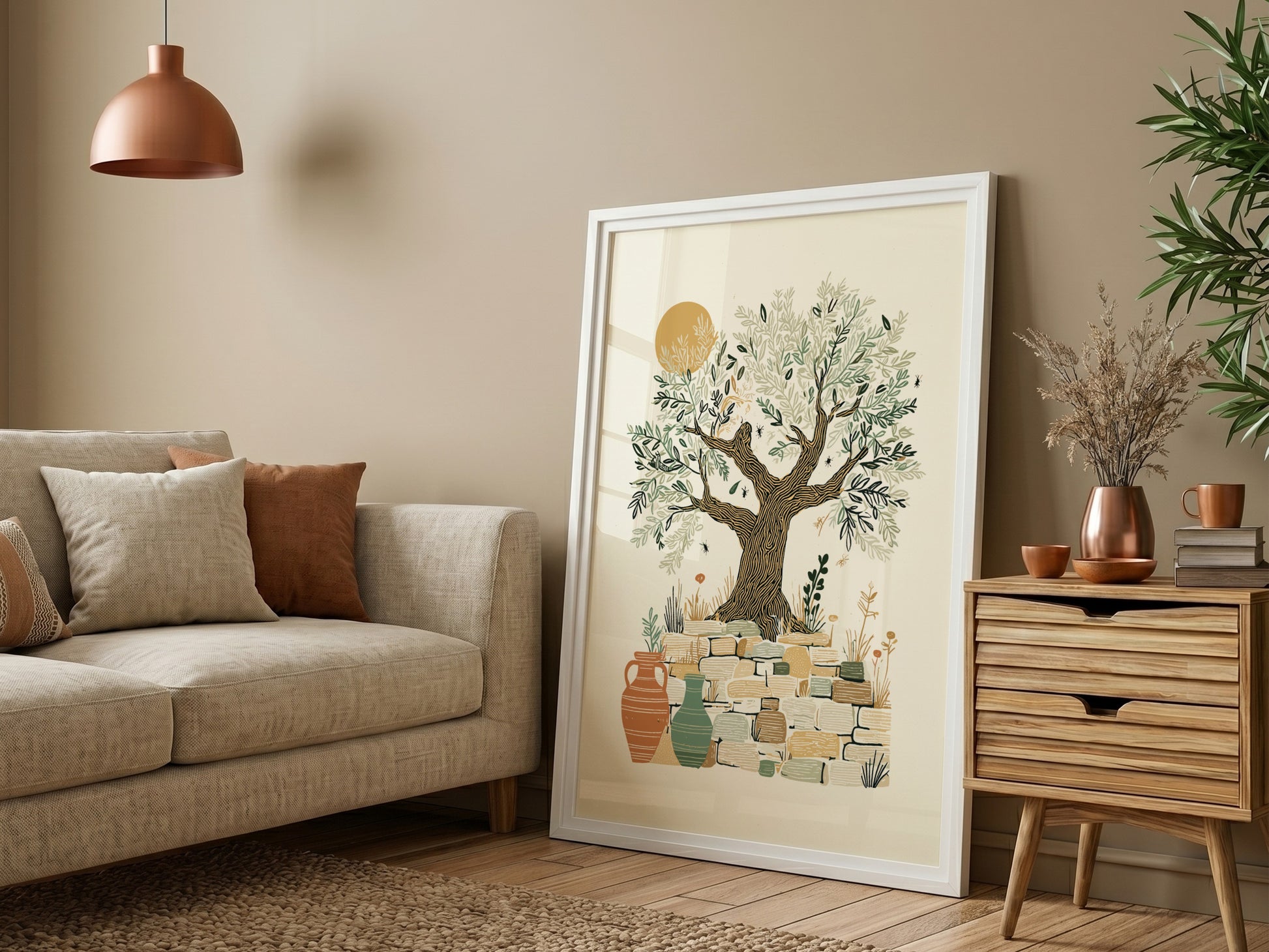 Olive tree art print with Mediterranean theme, botanical illustration, stone wall, and vases in warm earthy