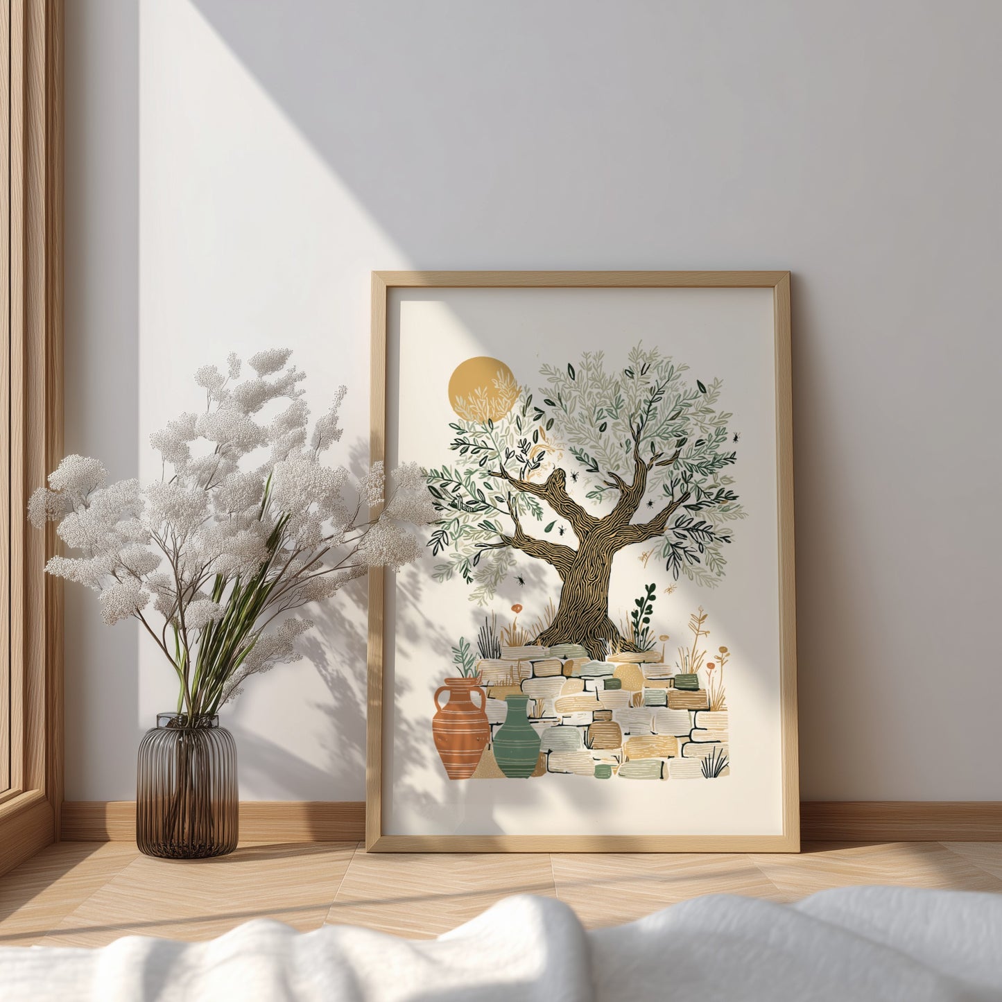 Olive tree art print with Mediterranean theme, botanical illustration, stone wall, and vases in warm earthy