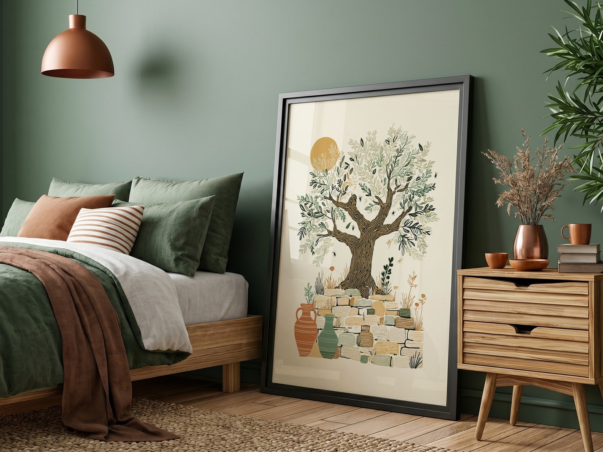 Olive tree art print with Mediterranean theme, botanical illustration, stone wall, and vases in warm earthy