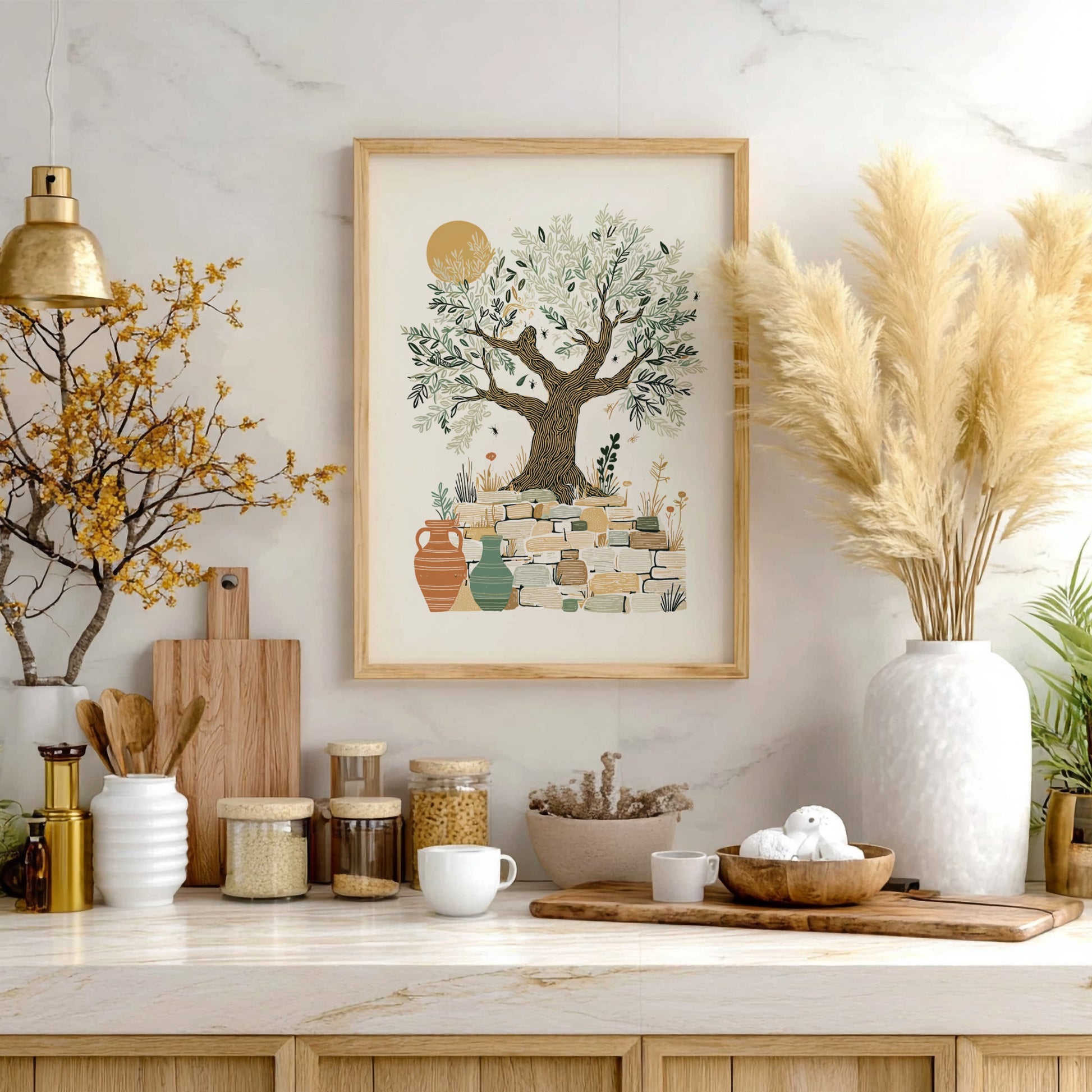 Olive tree art print with Mediterranean theme, botanical illustration, stone wall, and vases in warm earthy