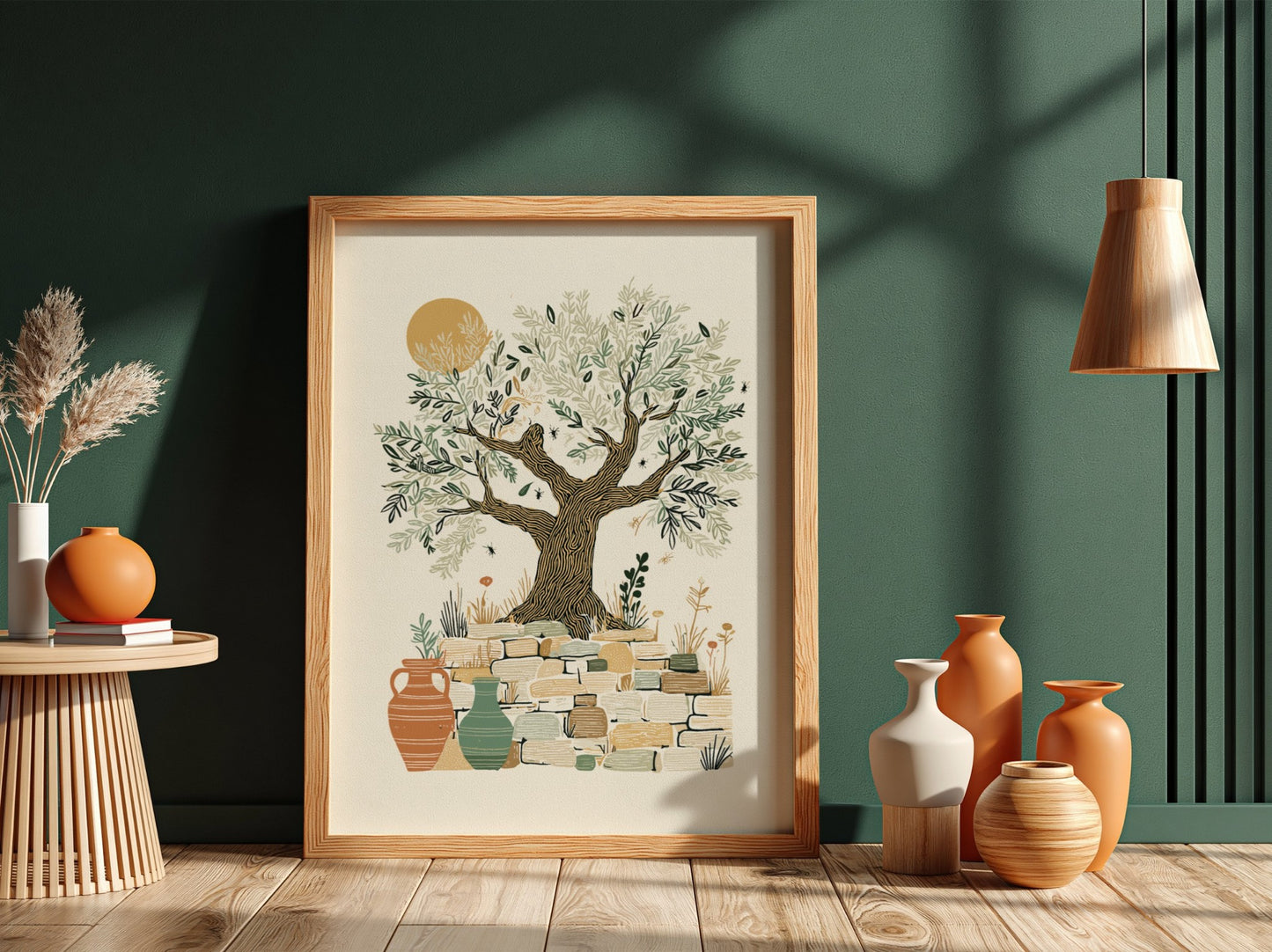 Olive tree art print with Mediterranean theme, botanical illustration, stone wall, and vases in warm earthy