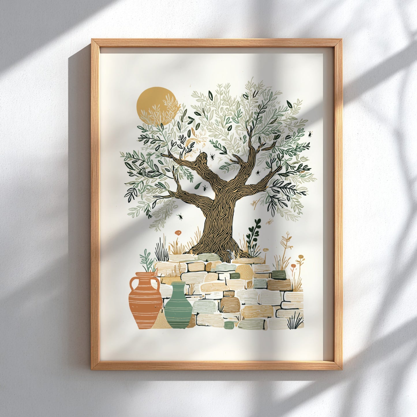 Olive tree art print with Mediterranean theme, botanical illustration, stone wall, and vases in warm earthy