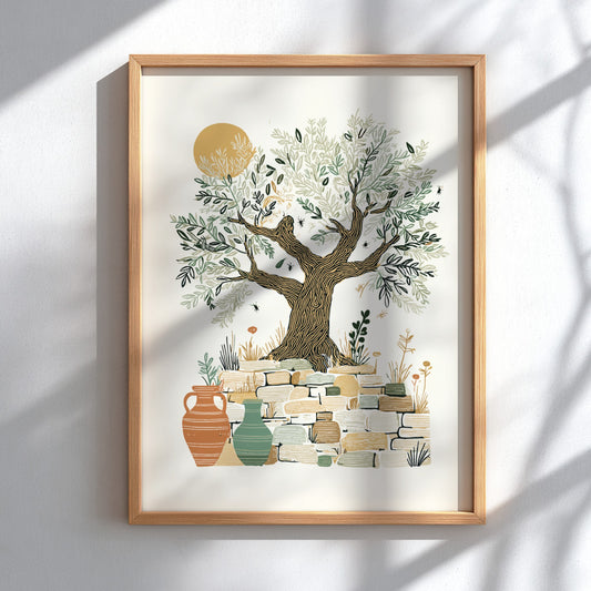 Olive tree art print with Mediterranean theme, botanical illustration, stone wall, and vases in warm earthy