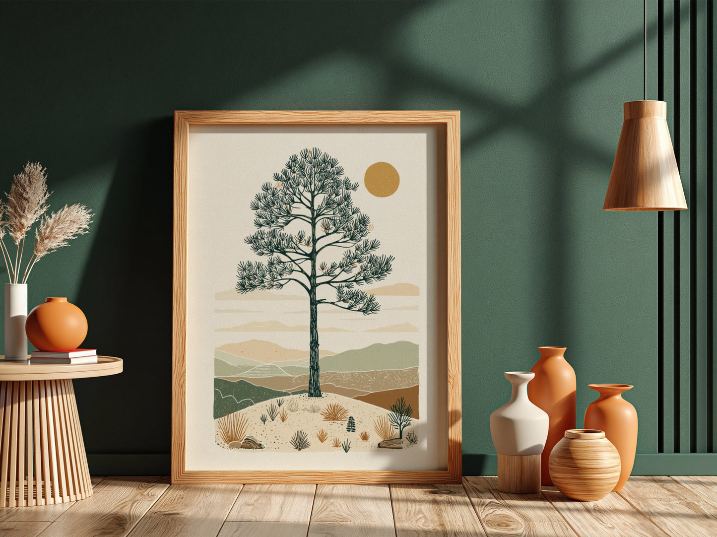 Illustration of an ancient pine tree in a desert landscape with rolling hills and a warm sun, in a minimalist