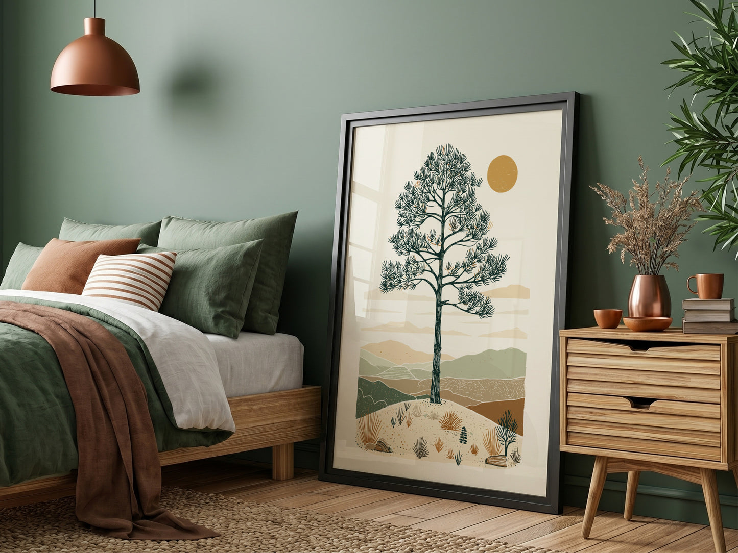 Illustration of an ancient pine tree in a desert landscape with rolling hills and a warm sun, in a minimalist