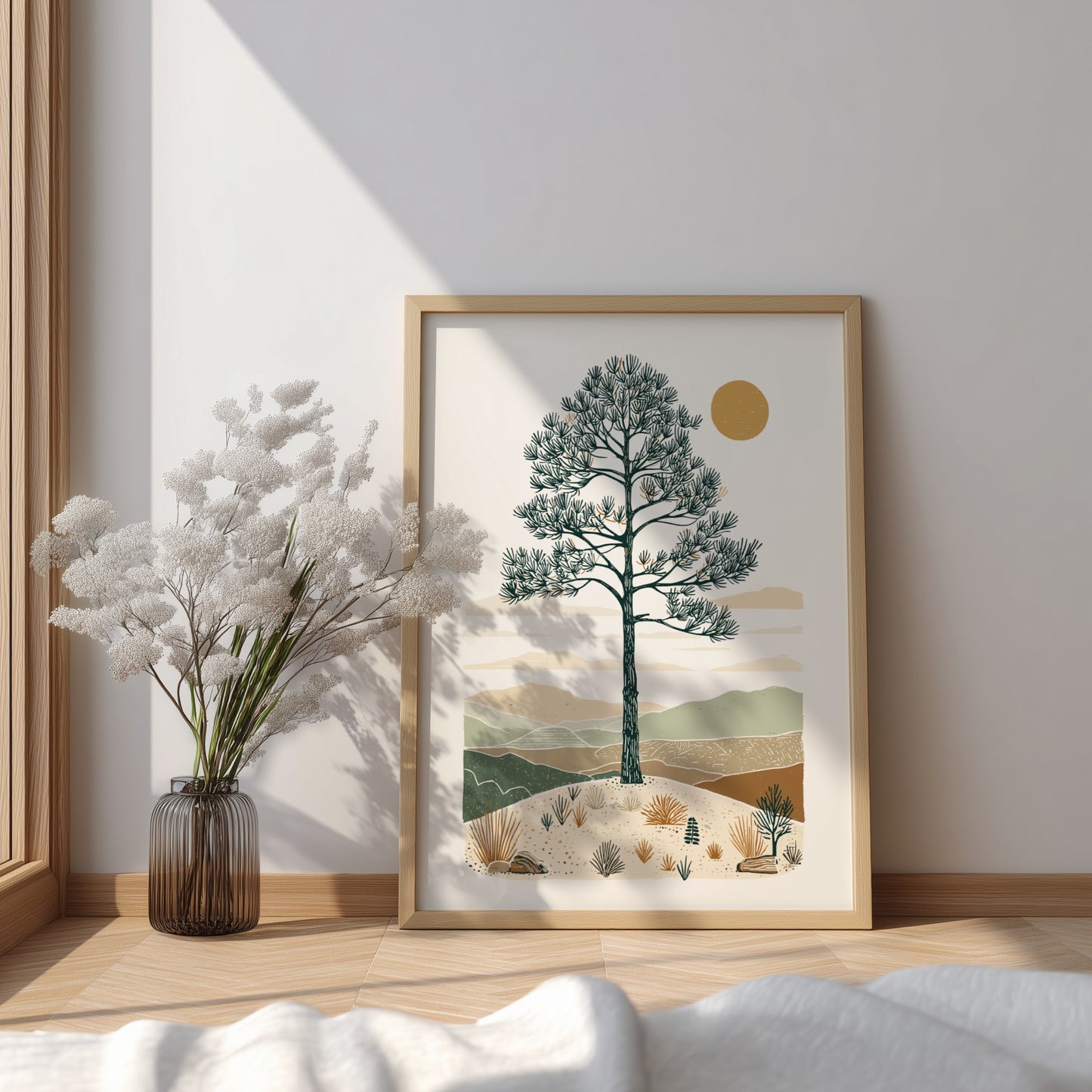 Illustration of an ancient pine tree in a desert landscape with rolling hills and a warm sun, in a minimalist