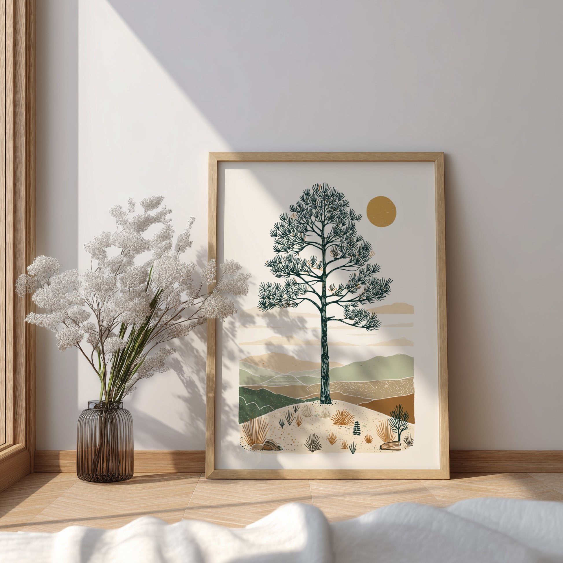 Illustration of an ancient pine tree in a desert landscape with rolling hills and a warm sun, in a minimalist