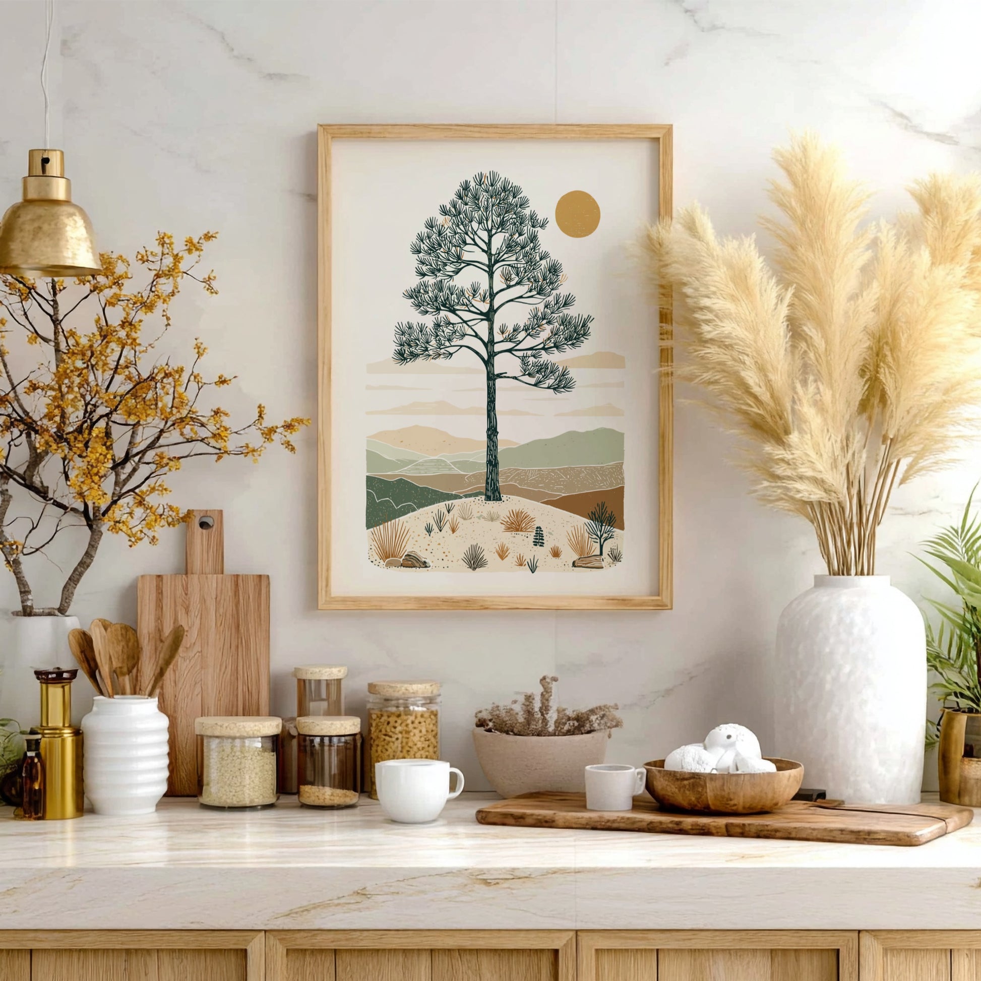 Illustration of an ancient pine tree in a desert landscape with rolling hills and a warm sun, in a minimalist