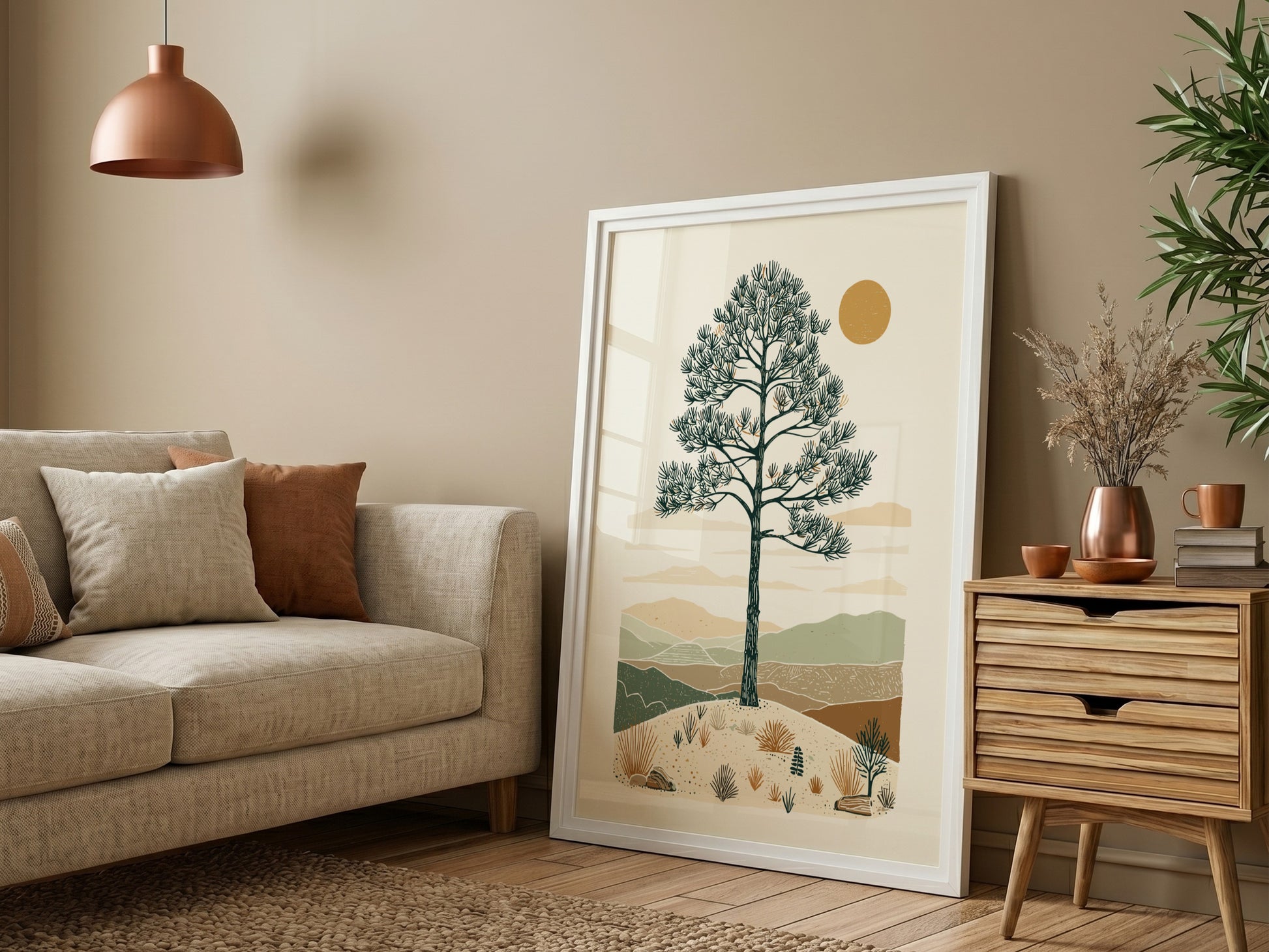 Illustration of an ancient pine tree in a desert landscape with rolling hills and a warm sun, in a minimalist