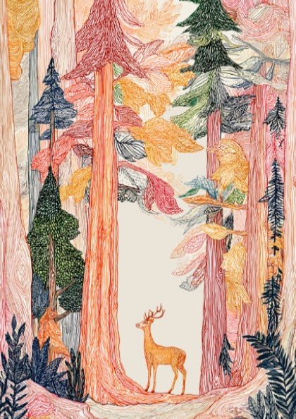 Ancient Forest poster featuring tall trees in warm tones and a deer, rendered in a textured, illustrative