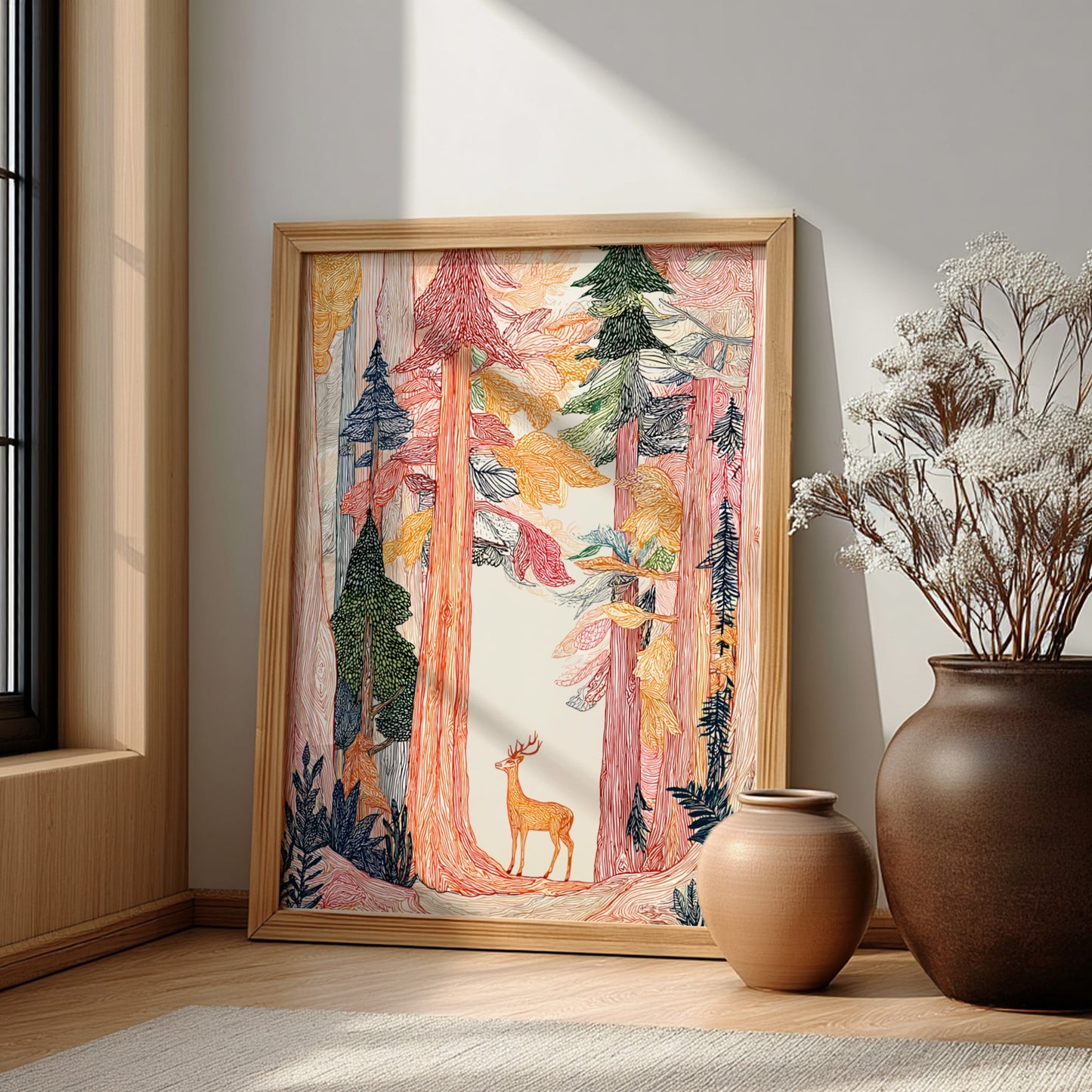 Ancient Forest poster featuring tall trees in warm tones and a deer, rendered in a textured, illustrative