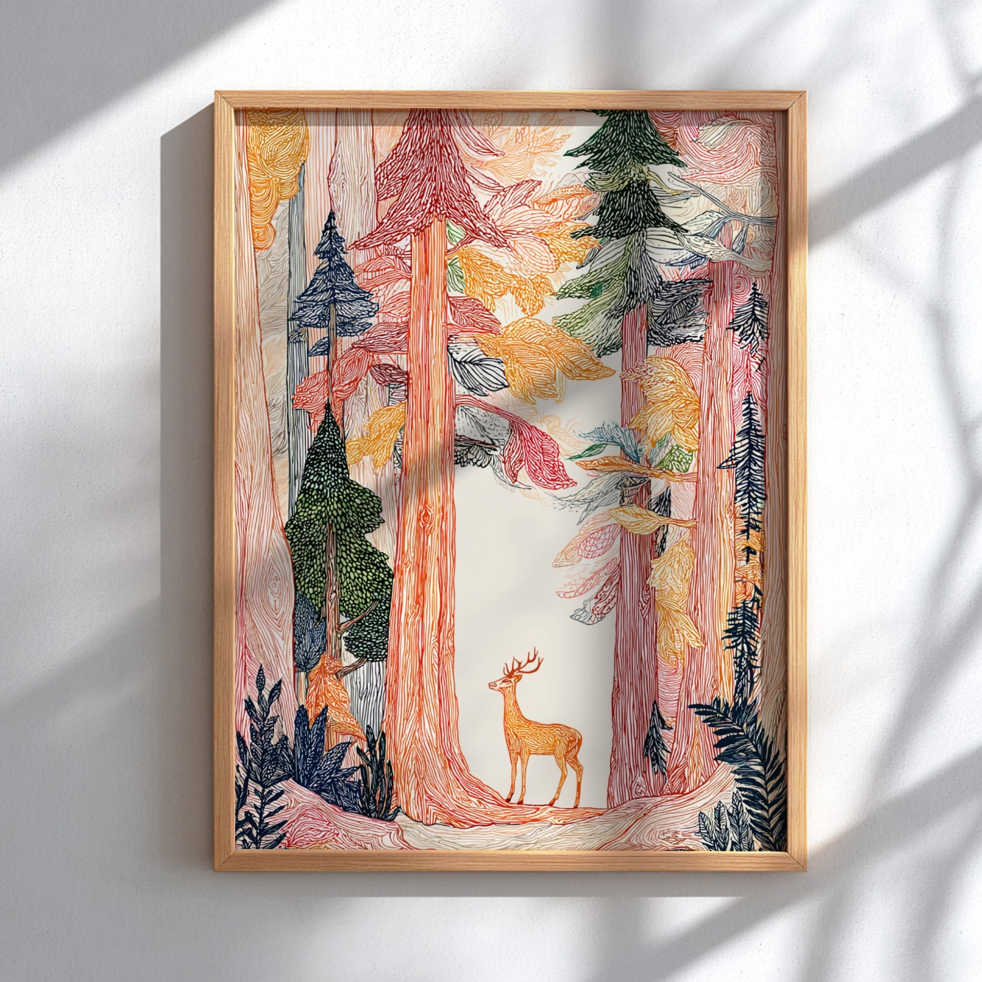 Ancient Forest poster featuring tall trees in warm tones and a deer, rendered in a textured, illustrative