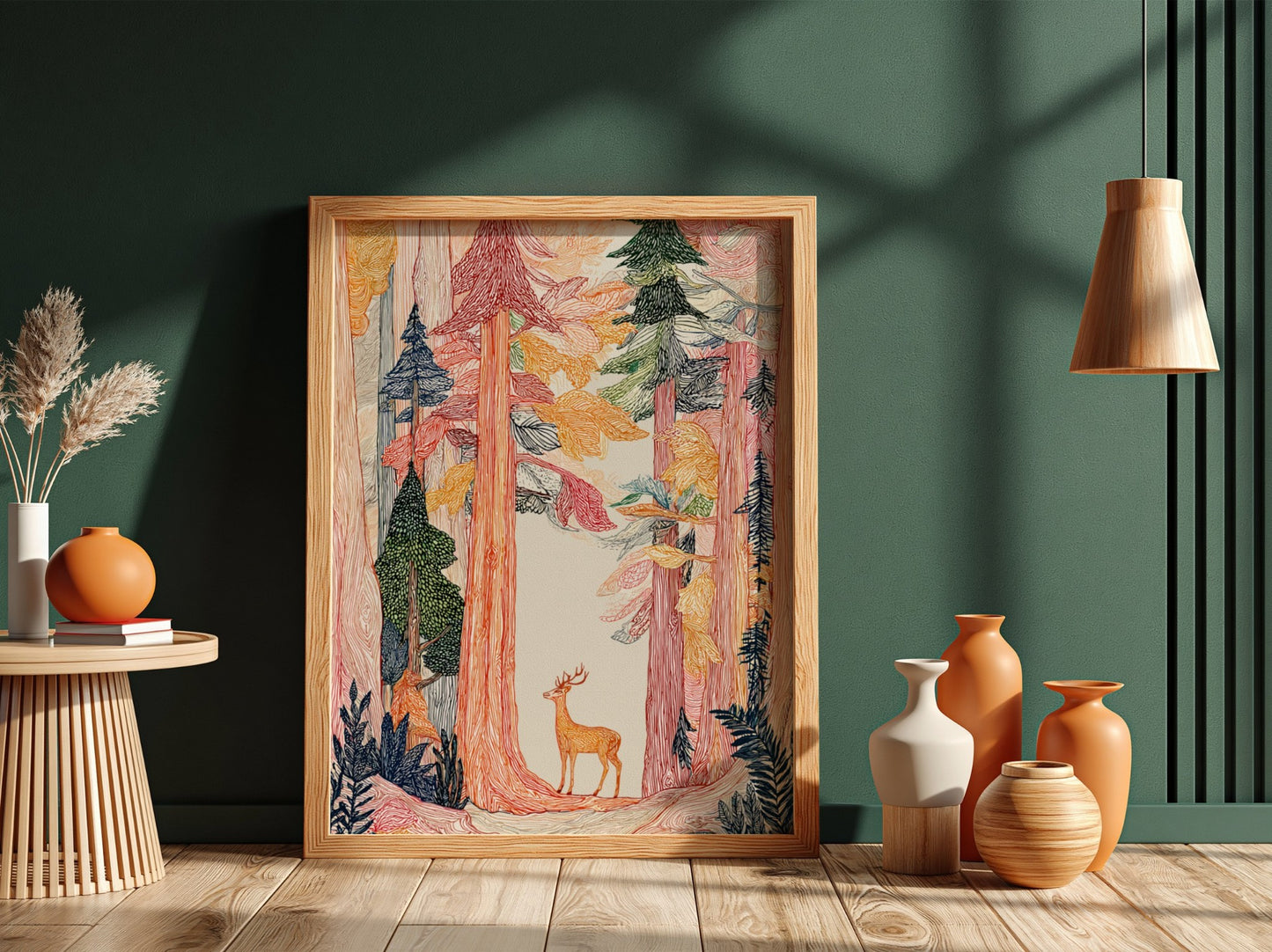 Ancient Forest poster featuring tall trees in warm tones and a deer, rendered in a textured, illustrative