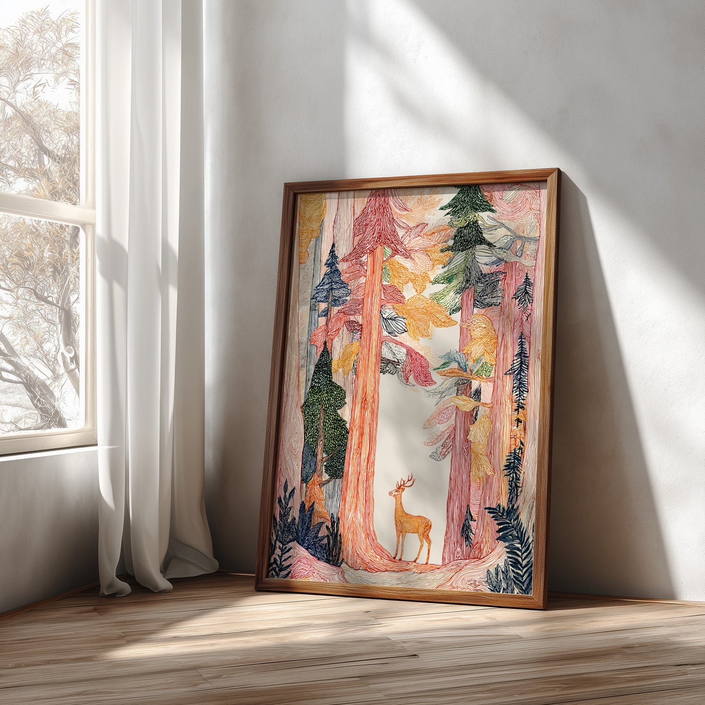 Ancient Forest poster featuring tall trees in warm tones and a deer, rendered in a textured, illustrative
