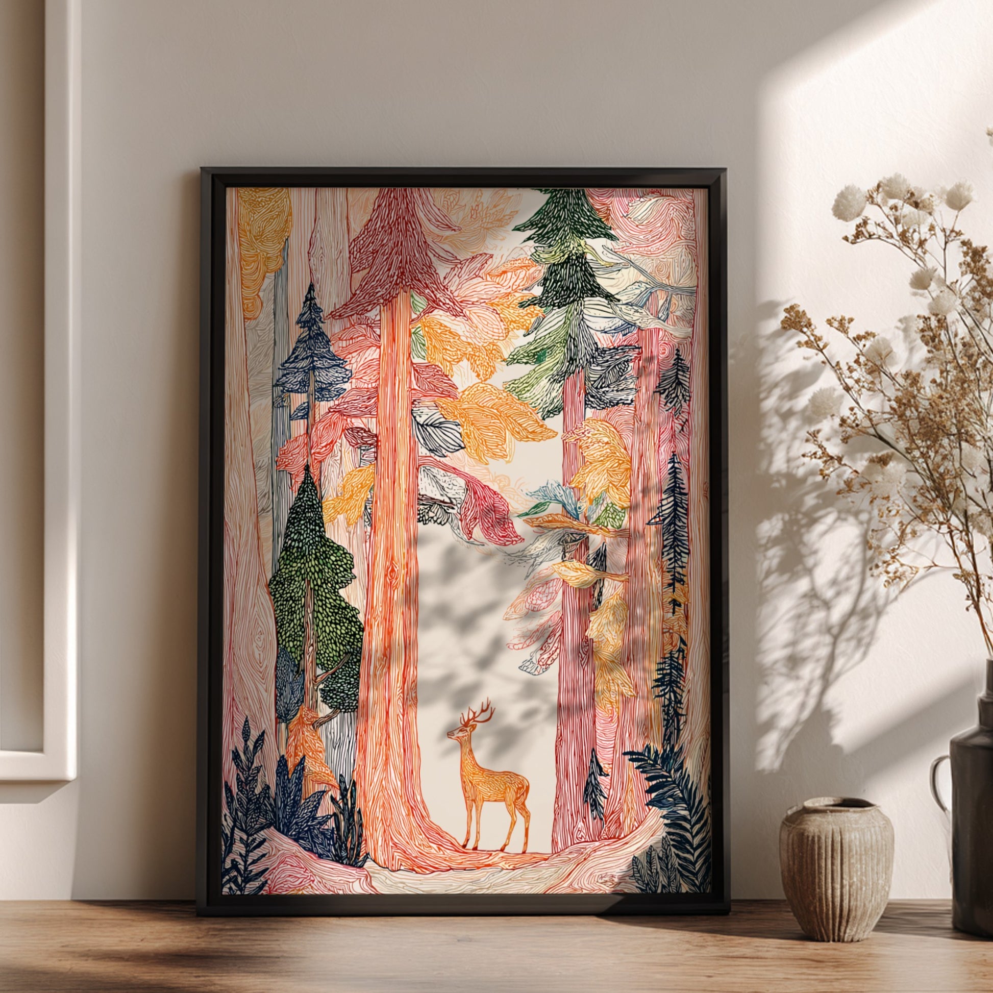 Ancient Forest poster featuring tall trees in warm tones and a deer, rendered in a textured, illustrative