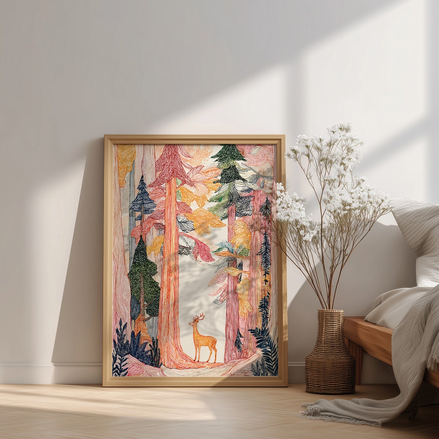 Ancient Forest poster featuring tall trees in warm tones and a deer, rendered in a textured, illustrative