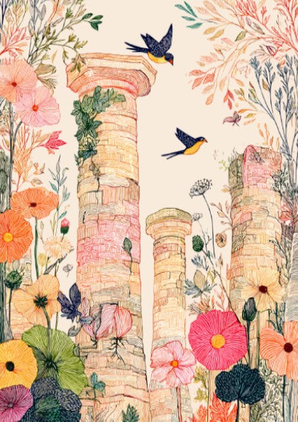 Botanical poster of ancient Roman ruins with birds, featuring a soft color palette and illustrative style.