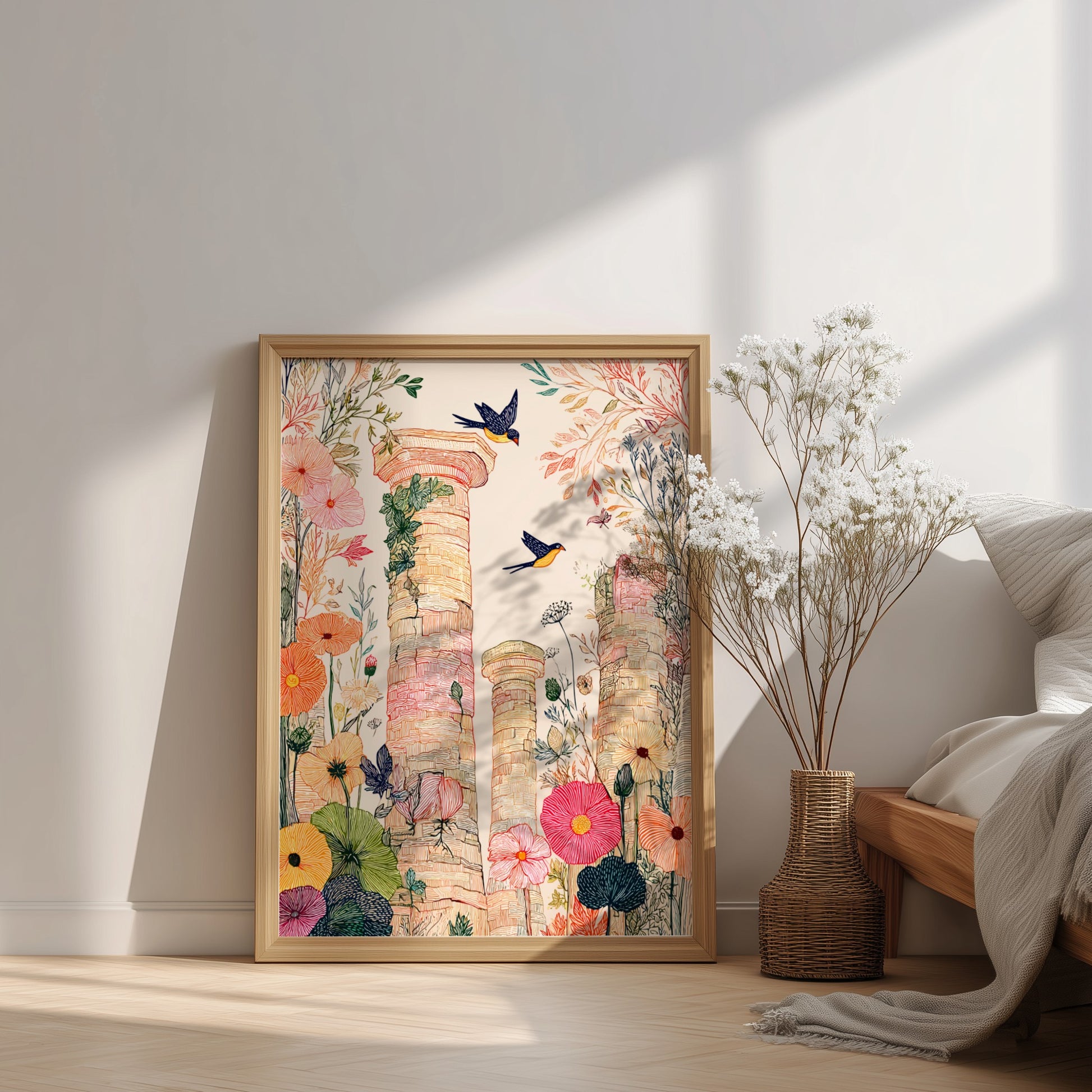 Botanical poster of ancient Roman ruins with birds, featuring a soft color palette and illustrative style.