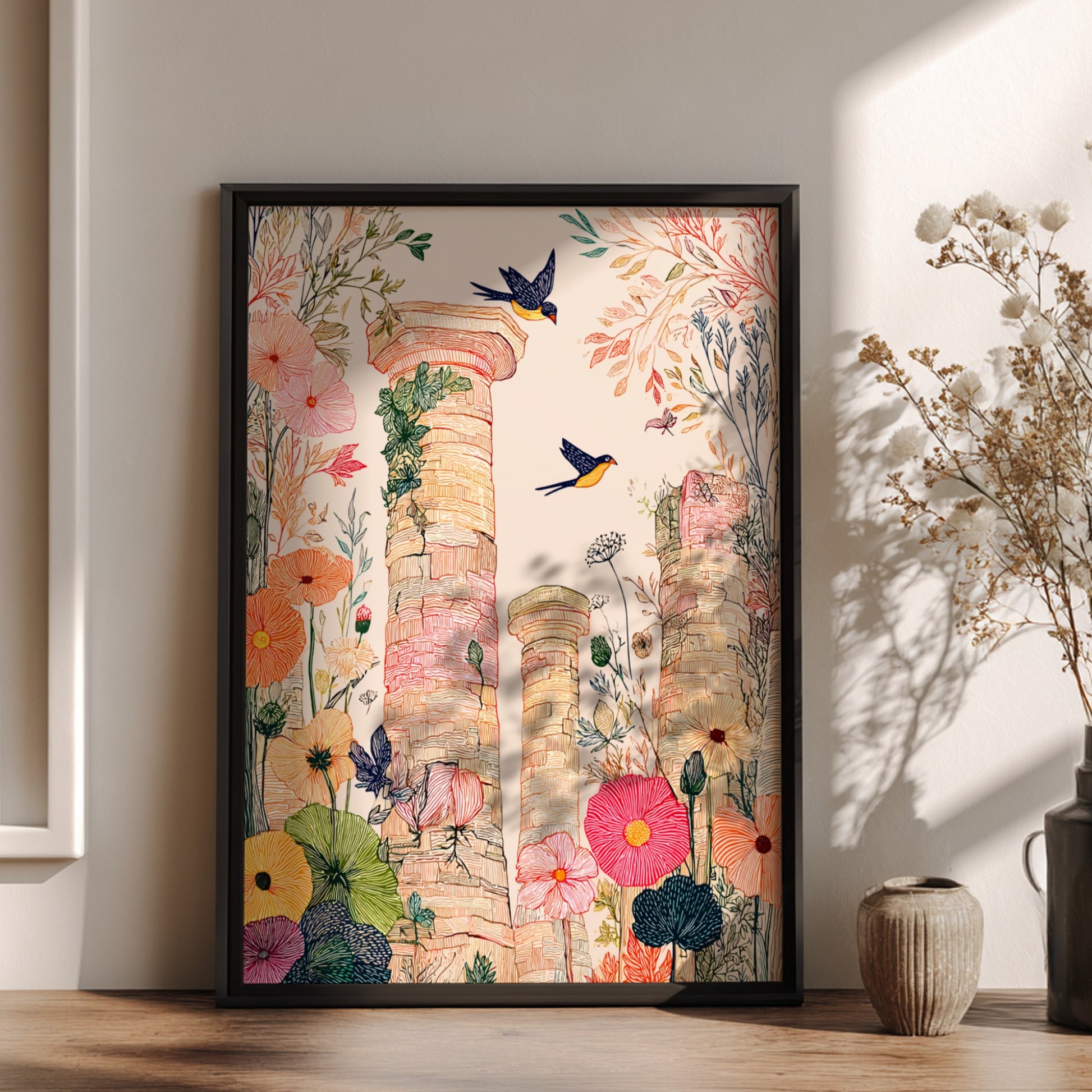 Botanical poster of ancient Roman ruins with birds, featuring a soft color palette and illustrative style.