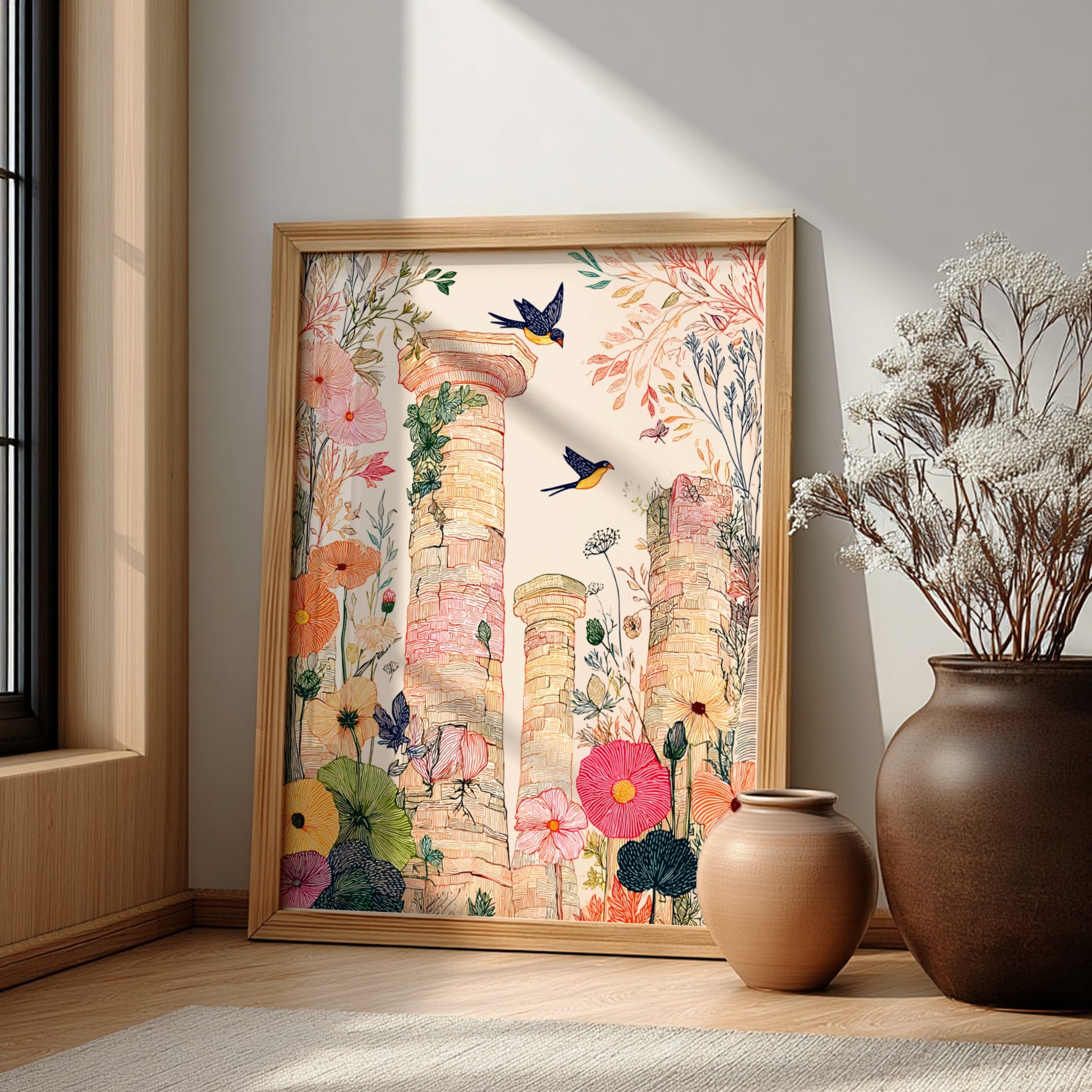 Botanical poster of ancient Roman ruins with birds, featuring a soft color palette and illustrative style.