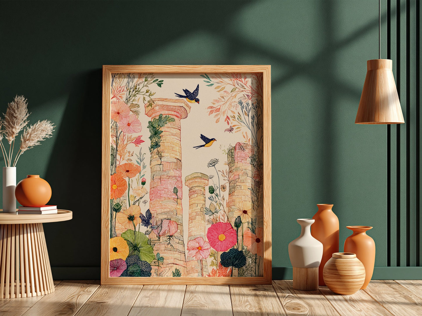 Botanical poster of ancient Roman ruins with birds, featuring a soft color palette and illustrative style.