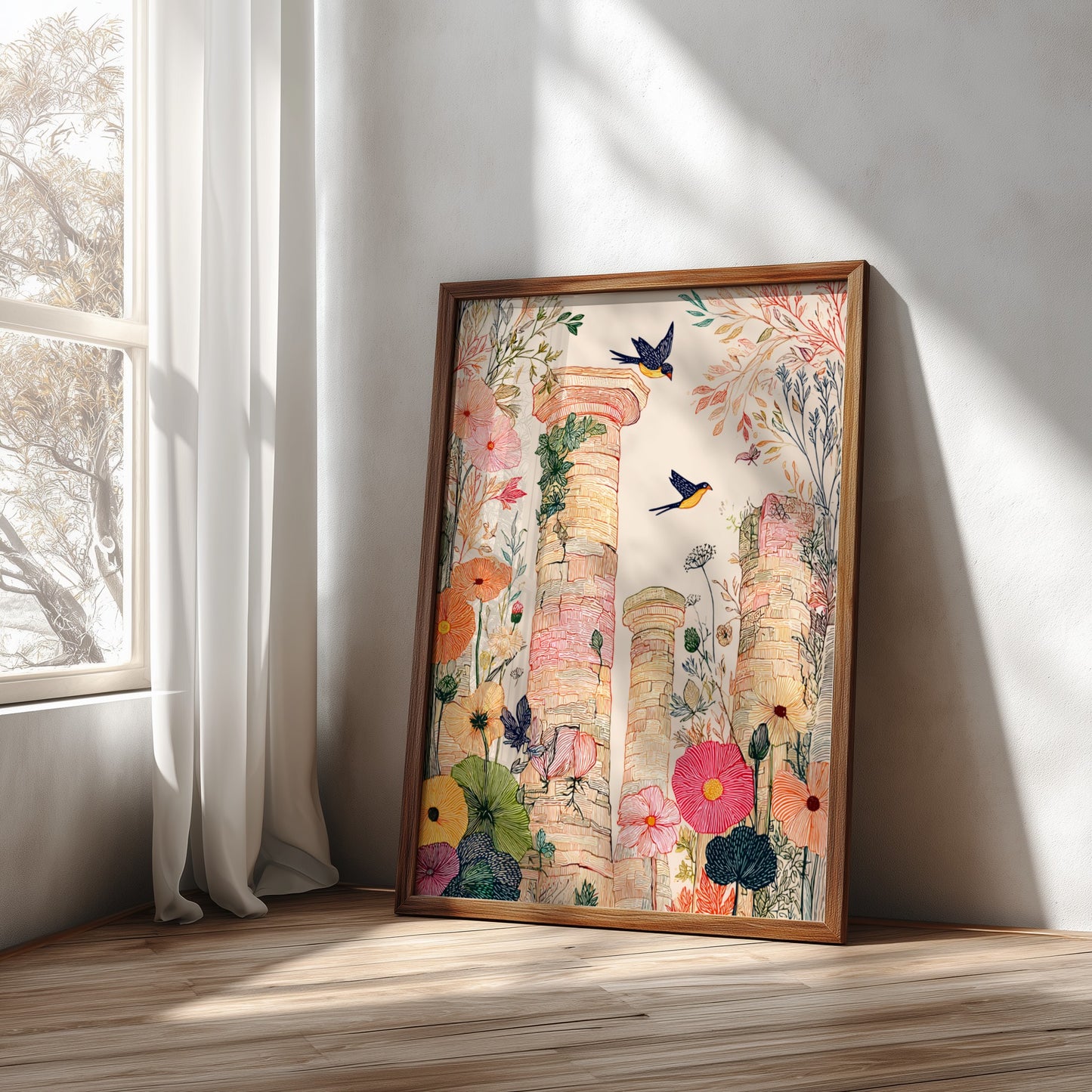 Botanical poster of ancient Roman ruins with birds, featuring a soft color palette and illustrative style.