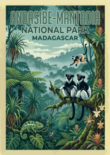 Andasibe-Mantadia poster featuring tropical jungle wildlife in vibrant colors, perfect for nature lovers and